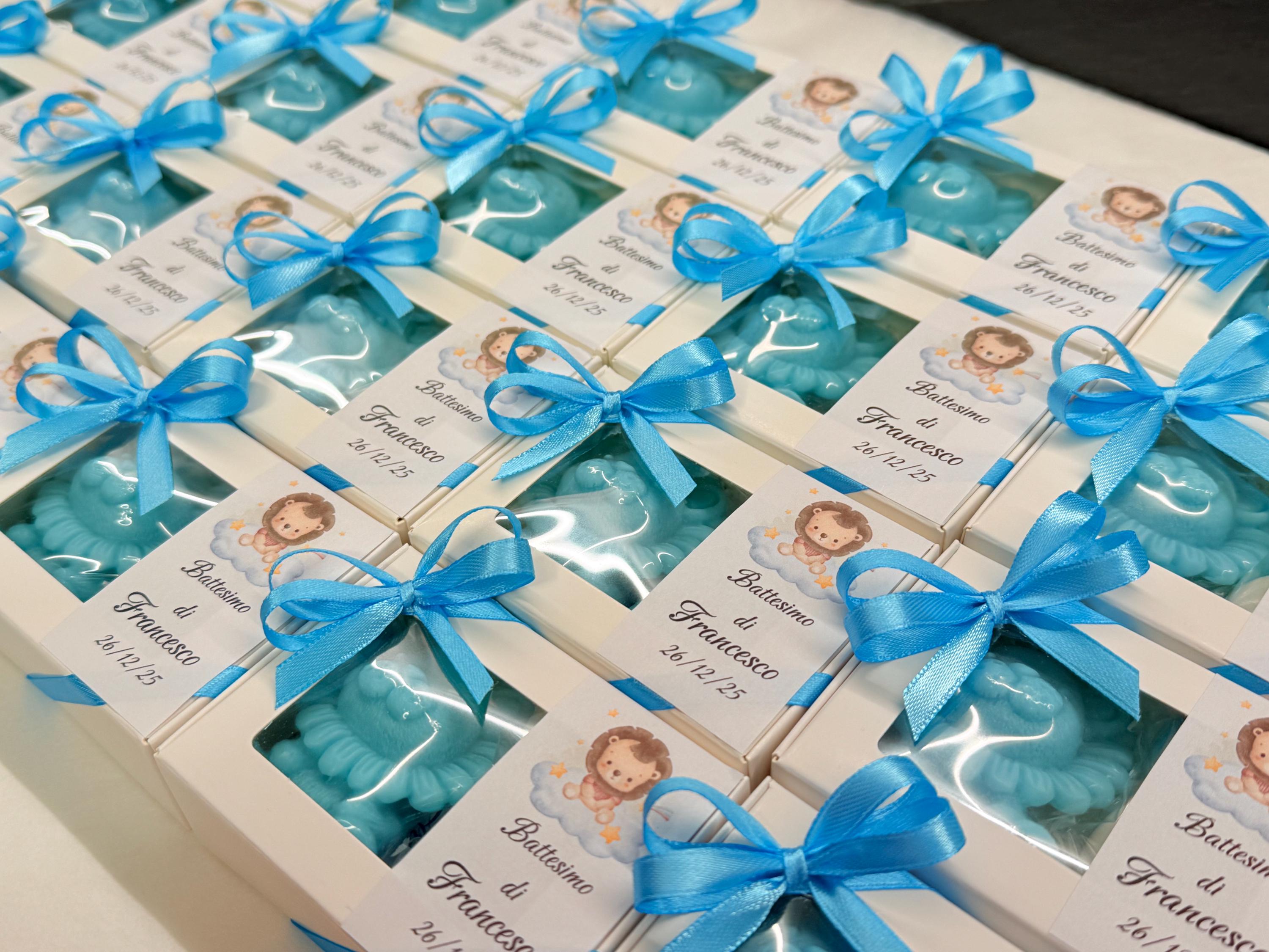 SAPONE "LEONCINO" PERSONALIZZATO con scatola, confetti e tag adesivo personalizzato