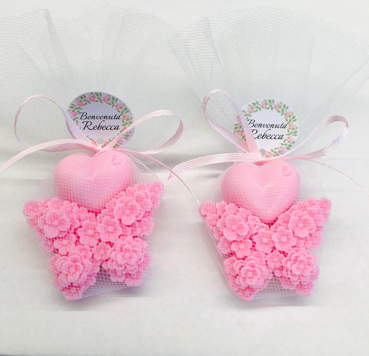 SAPONE "FARFALLINA FLOREALE + CUORICINO" con tulle e tag piccolo personalizzato