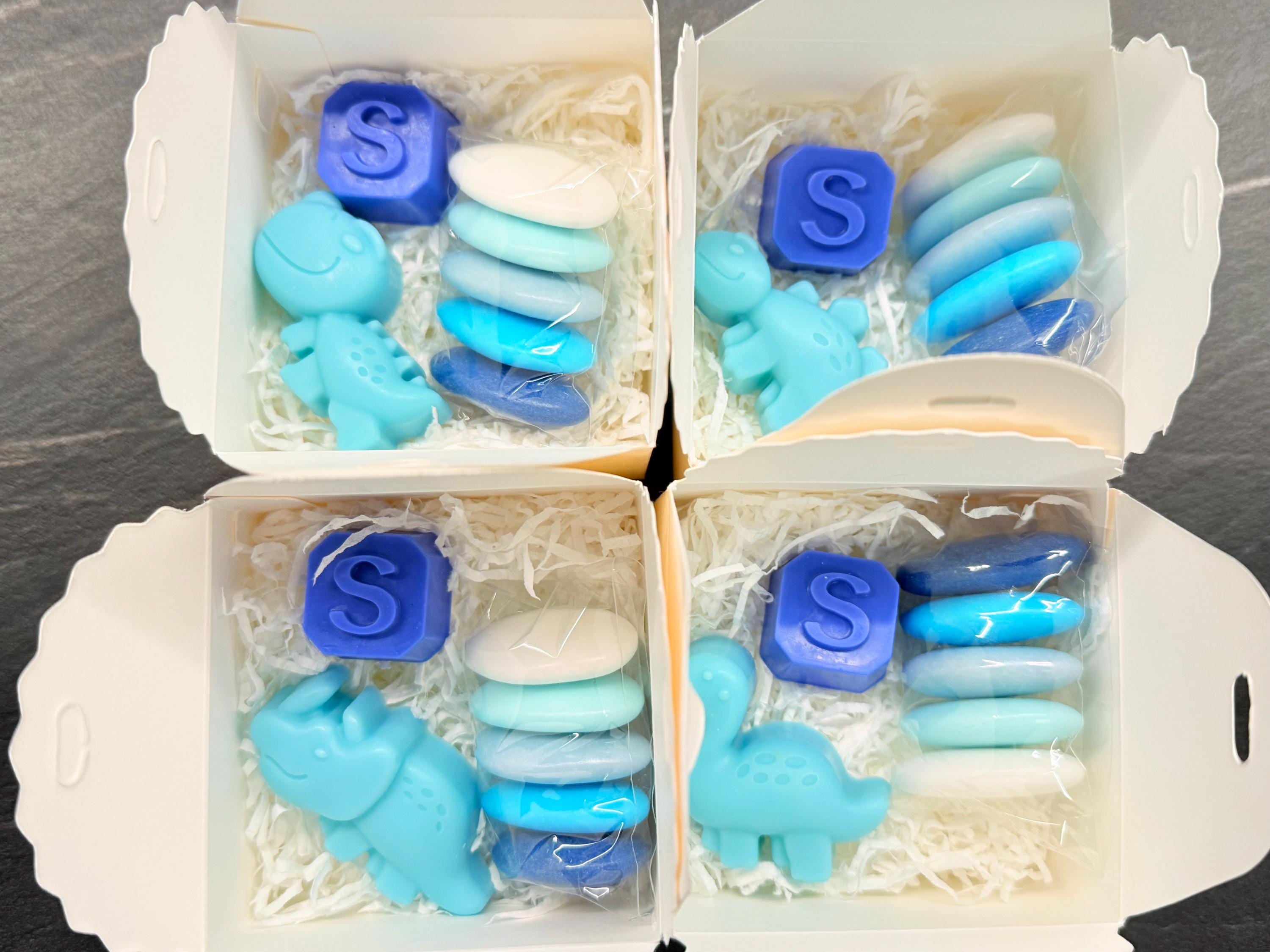 Mixed Dinosaur Soap + Letter" with box, sugared almonds, and personalized tag
