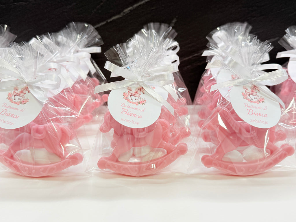 SAPONE CAVALLO a DONDOLO con Confetti, sacchetto trasparente e tag personalizzato