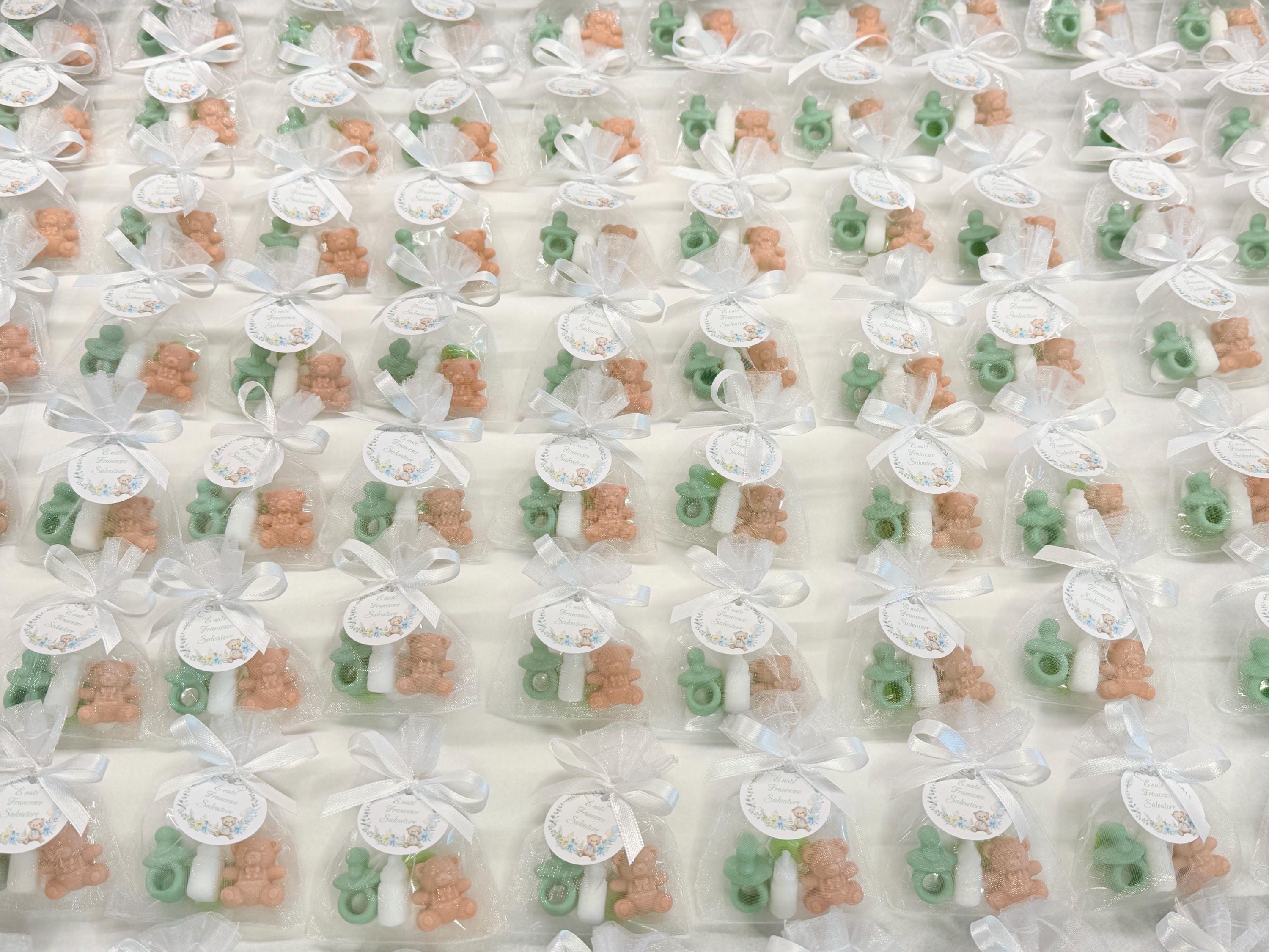Mini Sapone "NASCITA" con sacchetto di organza,5 confetti cuoricino e tag personalizzato