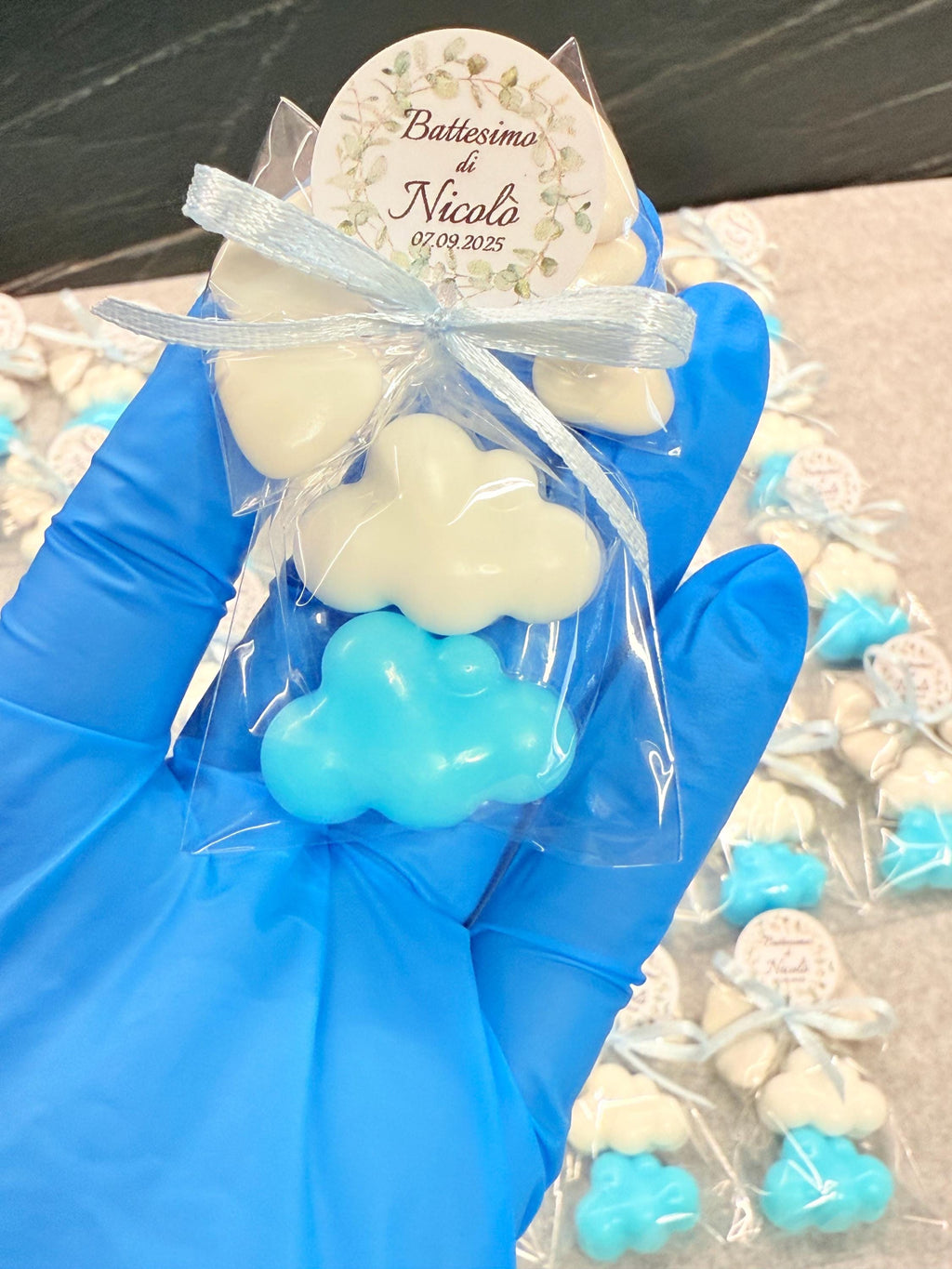 "2 NUVOLETTE" SOAP with transparent bag, 5 heart-shaped confetti, and personalized tag