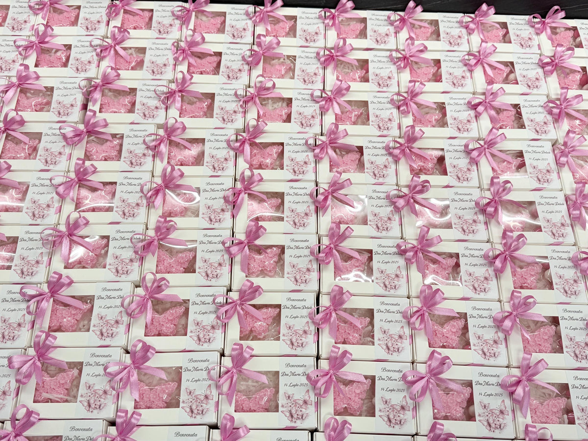 SAPONE "FARFALLINA FLOREALE"  scatola con finestra, confetti e Tag Personalizzato