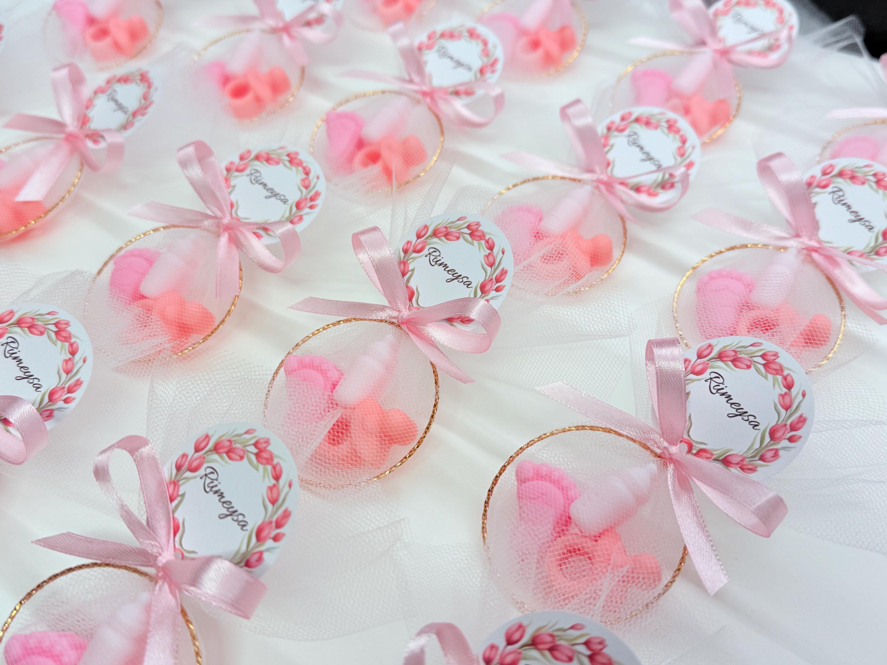 Mini sapone “NASCITA” con cerchio, tulle e tag personalizzato