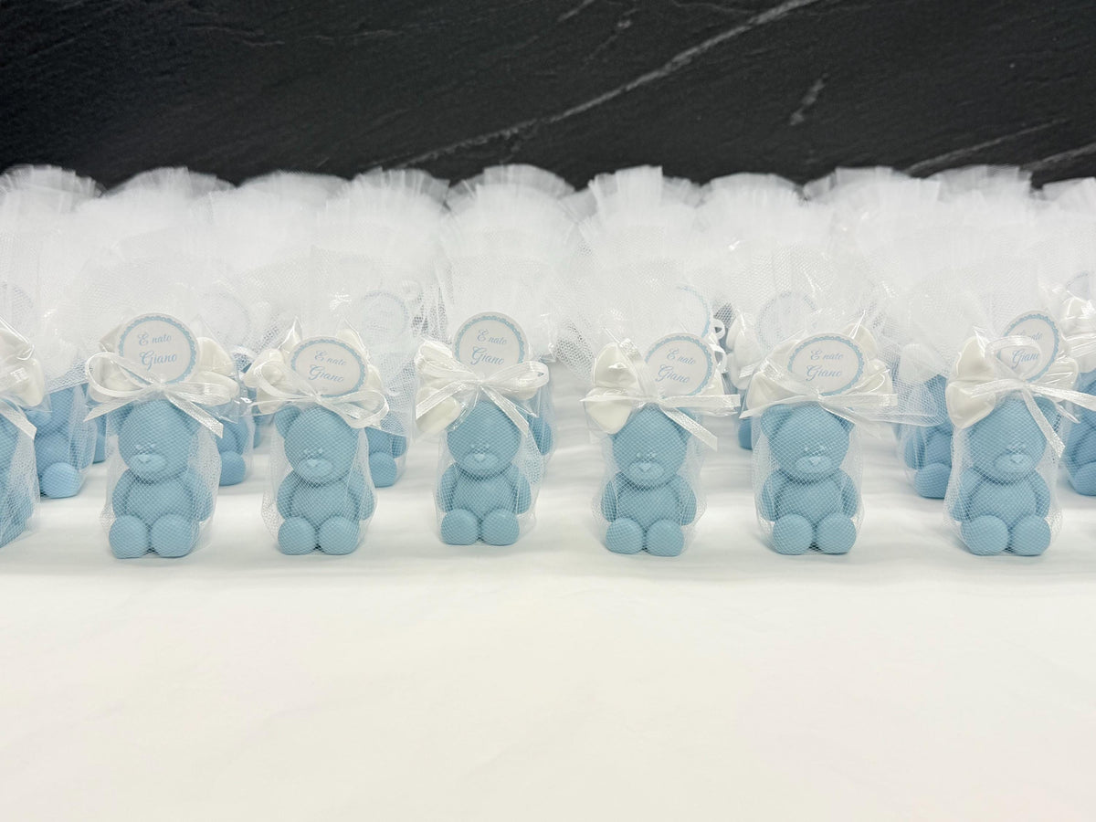 Sapone "ORSETTO" con tulle, 5 Confetti cuoricino e tag personalizzato