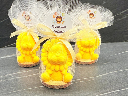 Bougie LIONCEAU INODORE avec tulle et étiquette personnalisée /dragées baptême/naissance/Safari/baby shower/anniversaire enfants/communion/confirmation