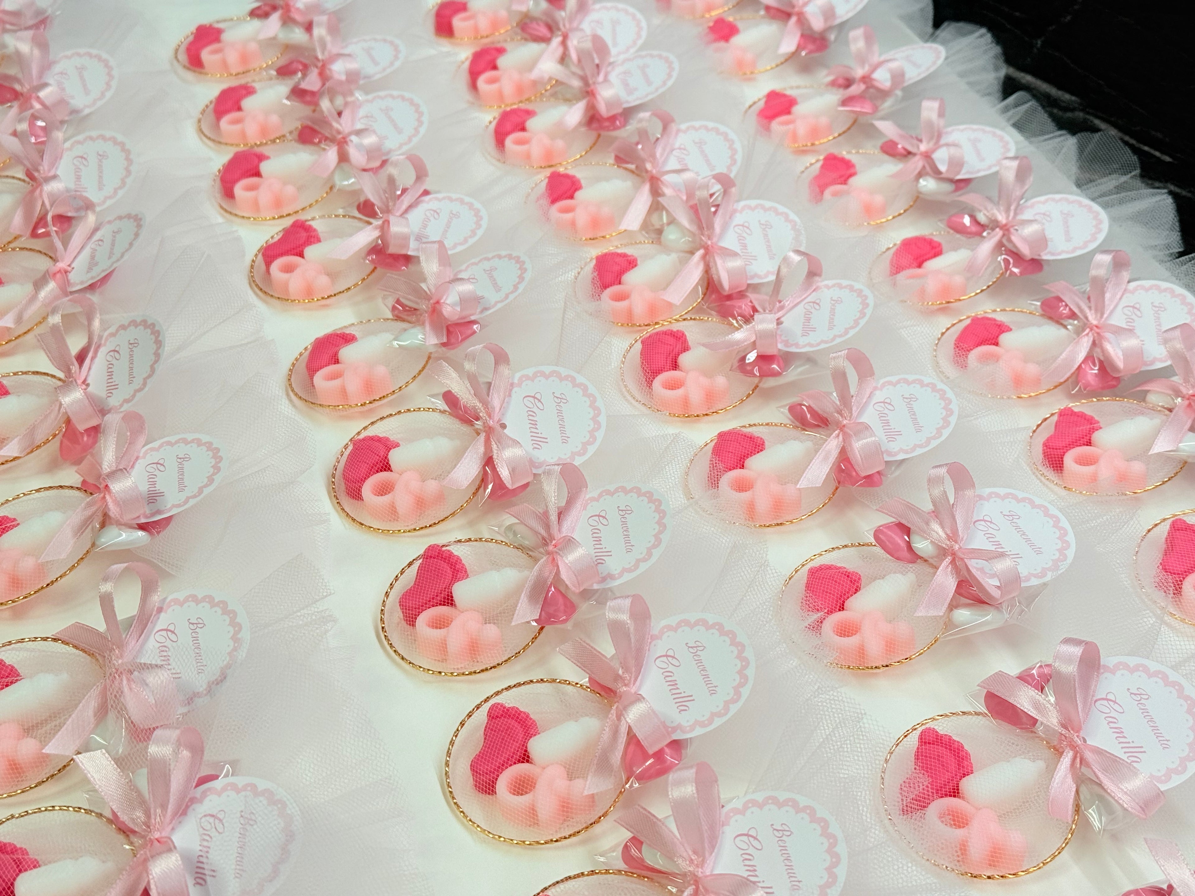 Mini sapone “NASCITA” con cerchio, 5 Confetti Cuoricino, tulle e tag personalizzato
