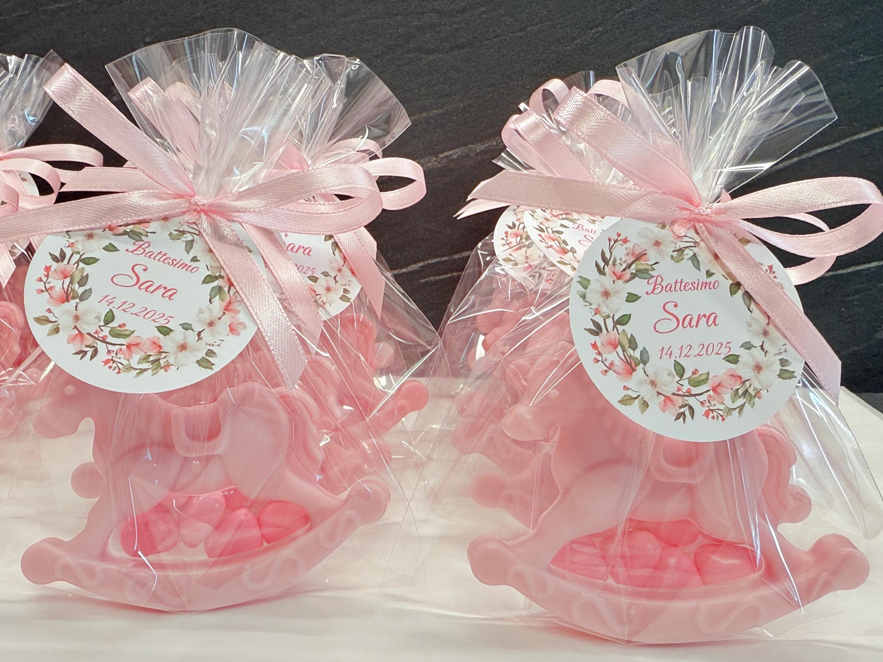 SAPONE CAVALLO a DONDOLO con 7 Confetti cuoricino, sacchetto trasparente e tag personalizzato