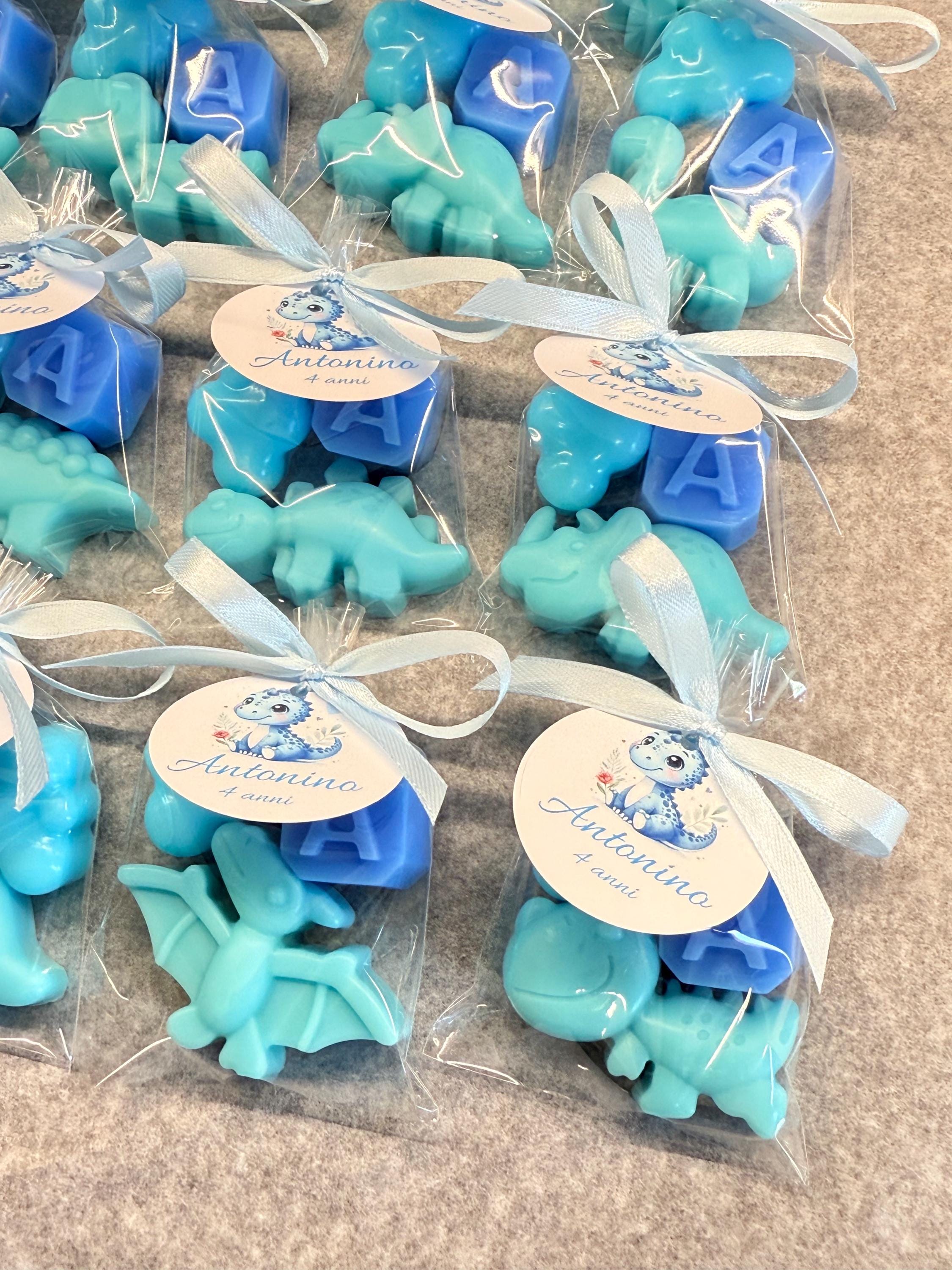 MÉLANGE de 3 SAVONNETTES avec sachet transparent/dragées baptême/naissance/baby shower/anniversaire enfants/dinosaure/nuage/lettre/