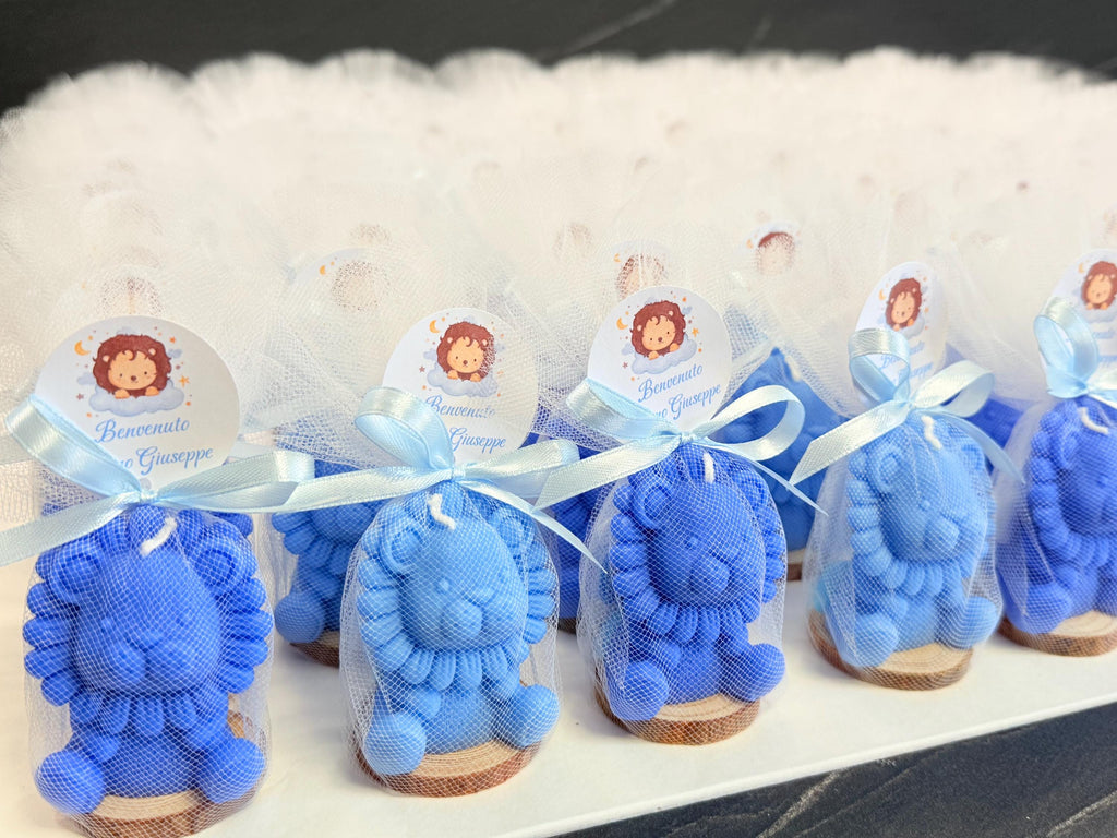 Bougie LEONCINO parfumée avec tulle et étiquette personnalisée / dragées baptême/naissance/Safari/baby shower/anniversaire enfants/communion/confirmation