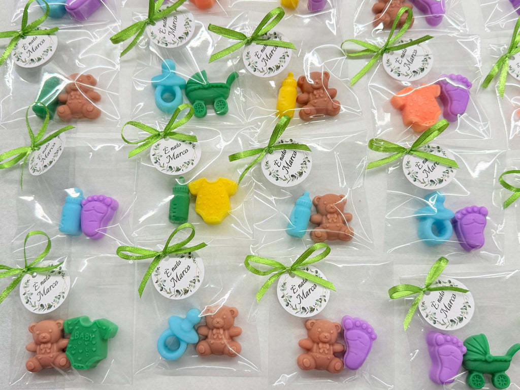 Lot de mini-savons "Naissance" avec sachet transparent et étiquette personnalisée
