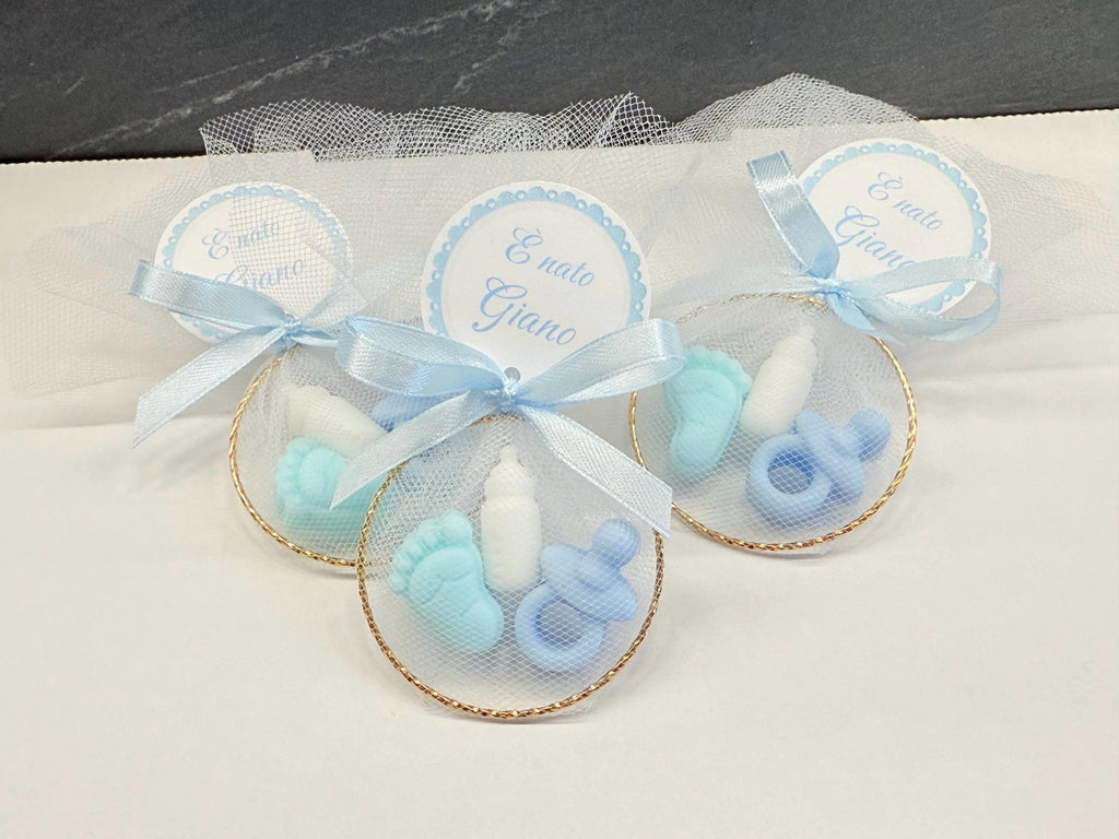 Mini savon "NAISSANCE" avec cercle, tulle et étiquette personnalisée