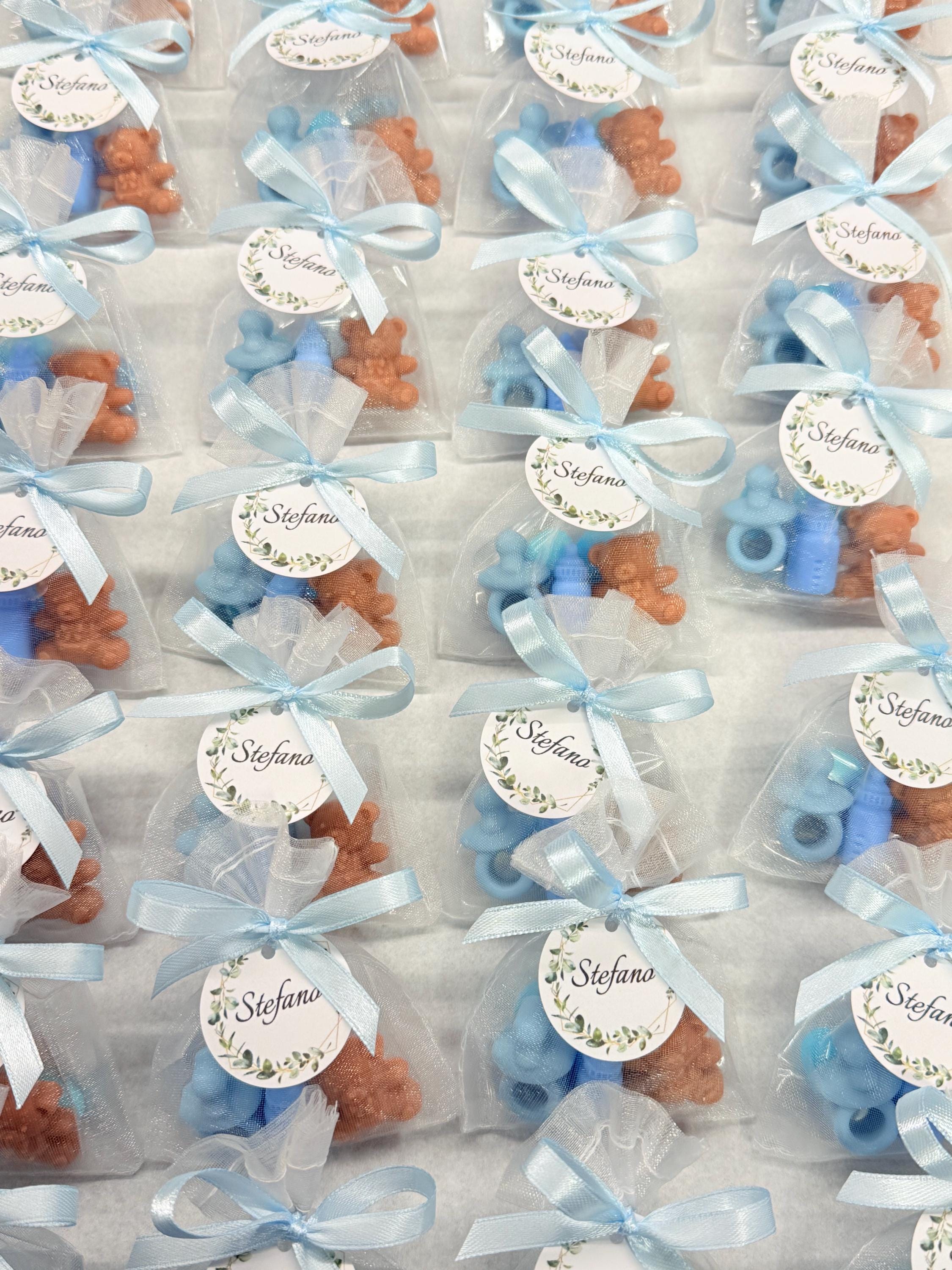Mini Sapone "NASCITA" con sacchetto di organza,5 confetti cuoricino e tag personalizzato