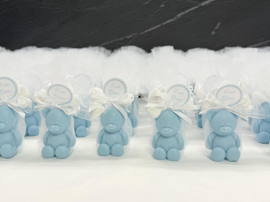 Sapone "ORSETTO" con tulle, 5 Confetti cuoricino e tag personalizzato