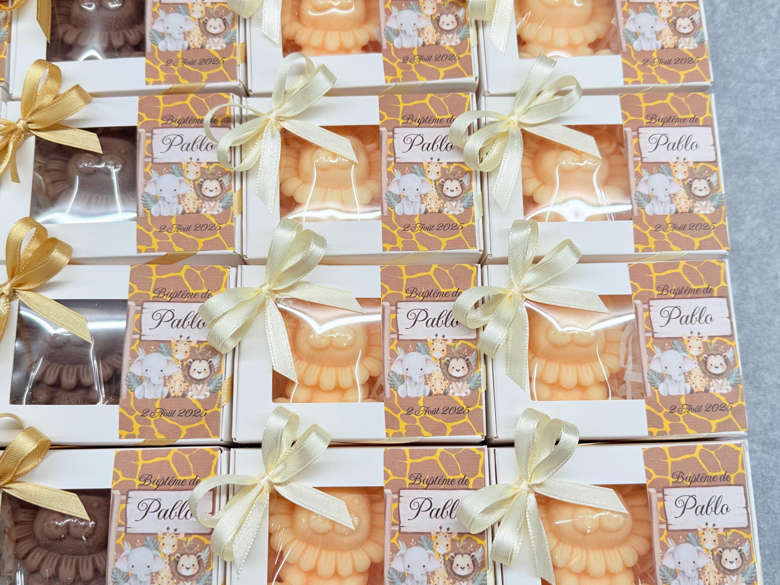BOUGIE LIONCEAU INODORE avec boîte et dragées /bonbonnières baptême/naissance/anniversaire enfants/baby shower/Safari/cadeau pour invités