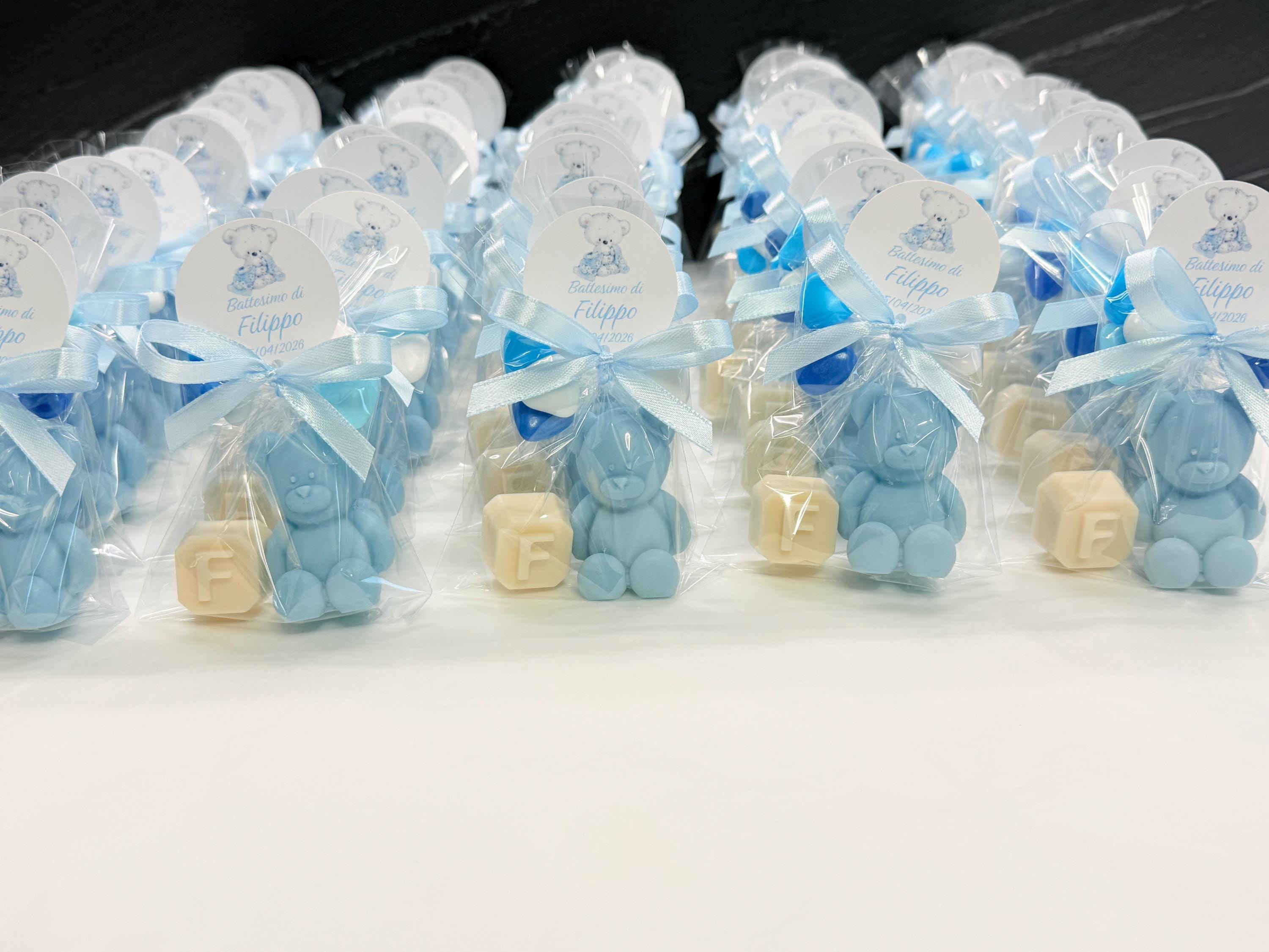 SAPONE "ORSETTO + LETTERA"  con 5 Confetti cuoricino, sacchetto trasparente e tag personalizzato