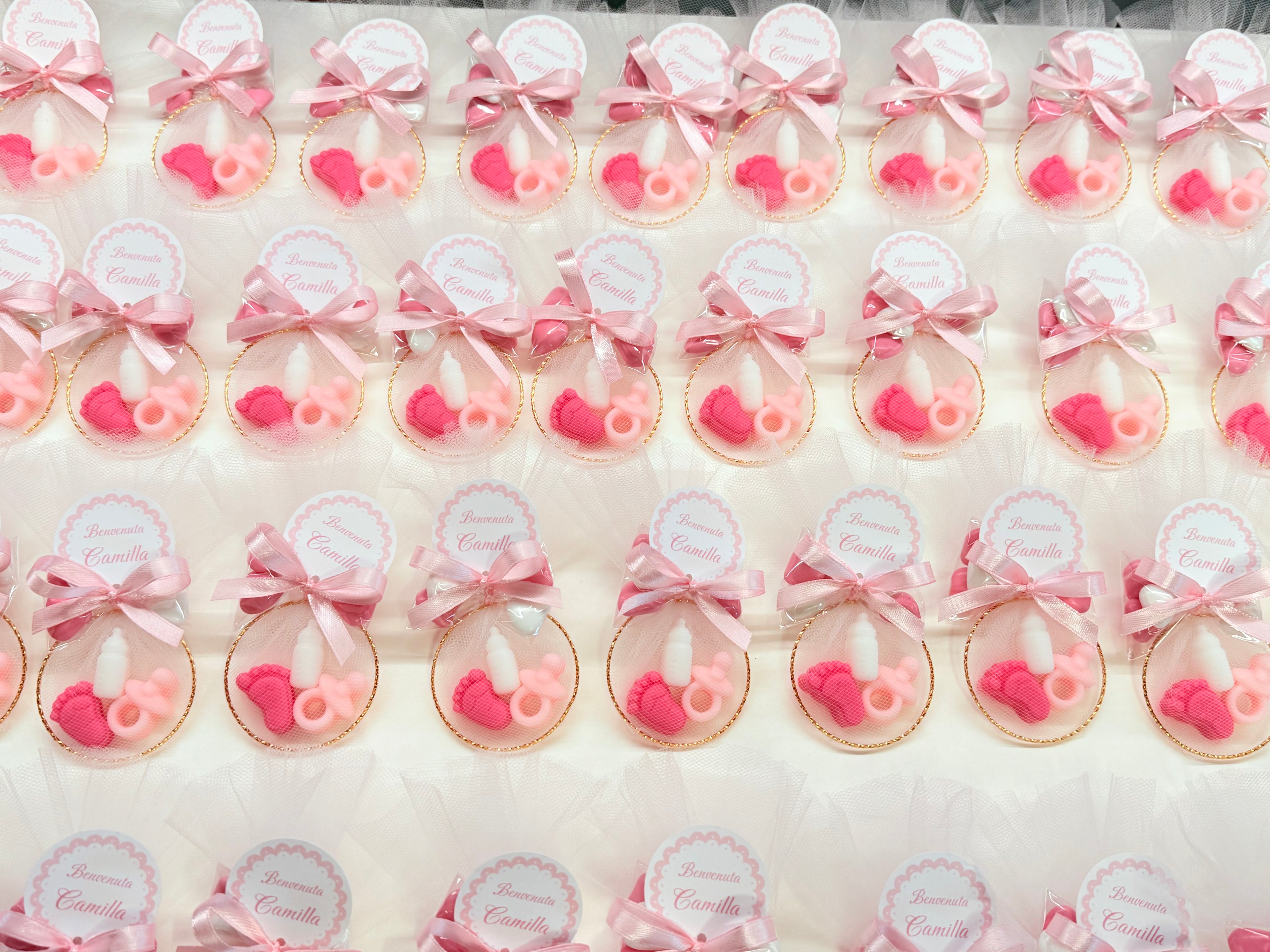 Mini sapone “NASCITA” con cerchio, 5 Confetti Cuoricino, tulle e tag personalizzato