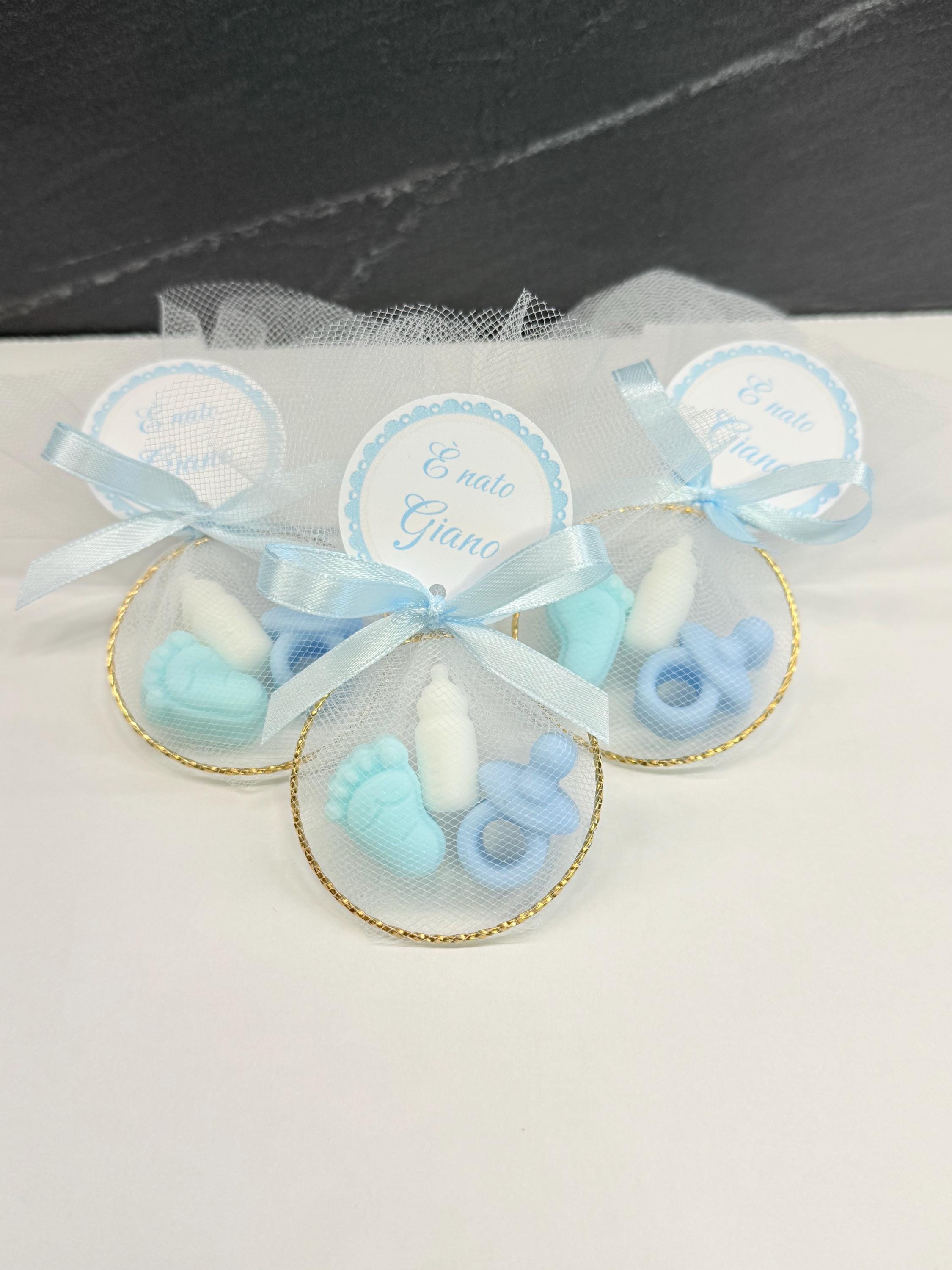 Mini sapone “NASCITA” con cerchio, tulle e tag personalizzato