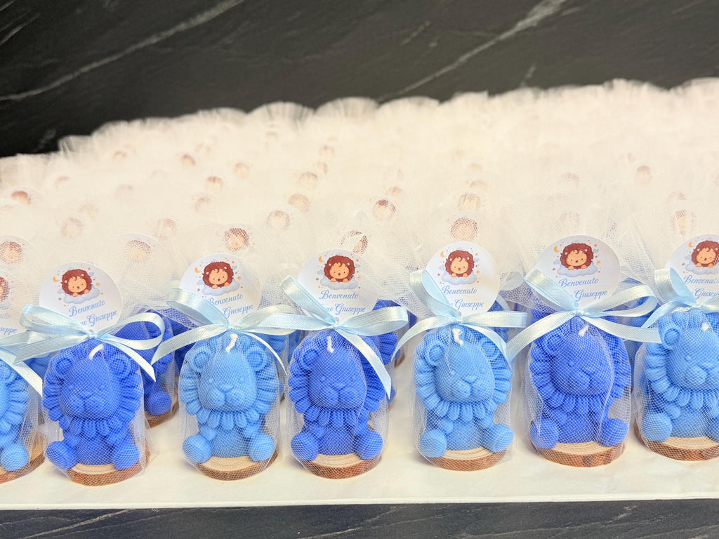 Bougie LEONCINO parfumée avec tulle et étiquette personnalisée / dragées baptême/naissance/Safari/baby shower/anniversaire enfants/communion/confirmation