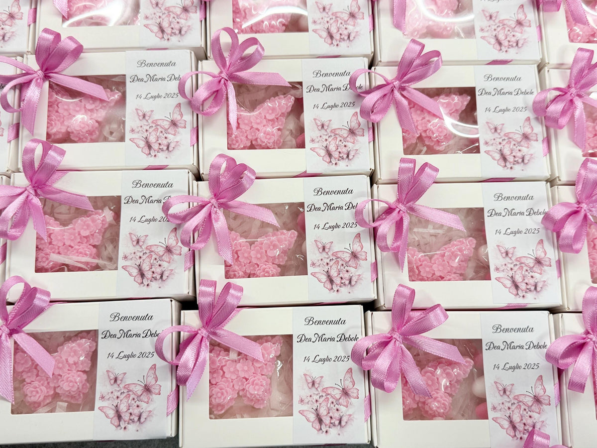 SAPONE "FARFALLINA FLOREALE"  scatola con finestra, confetti e Tag Personalizzato