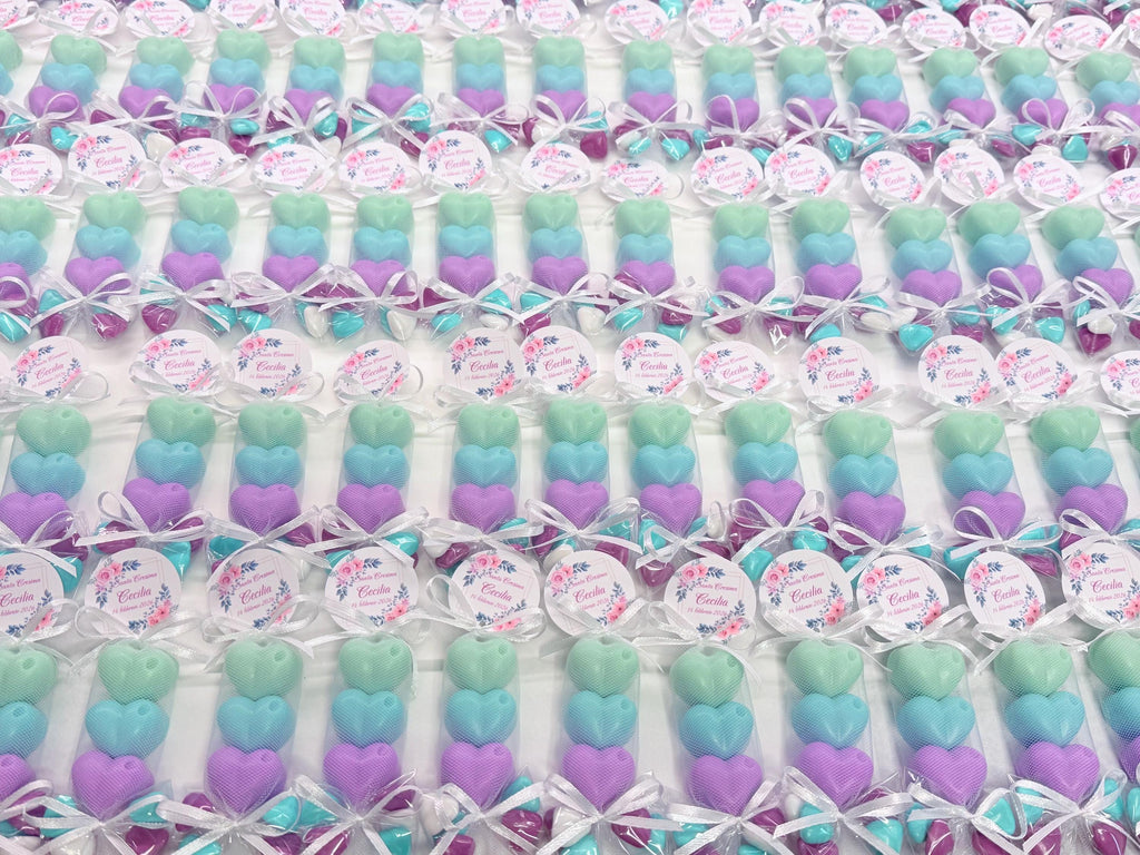 SAPONE "TRIS DI CUORICINI" con Tulle, 5 Confetti cuoricino e tag personalizzato