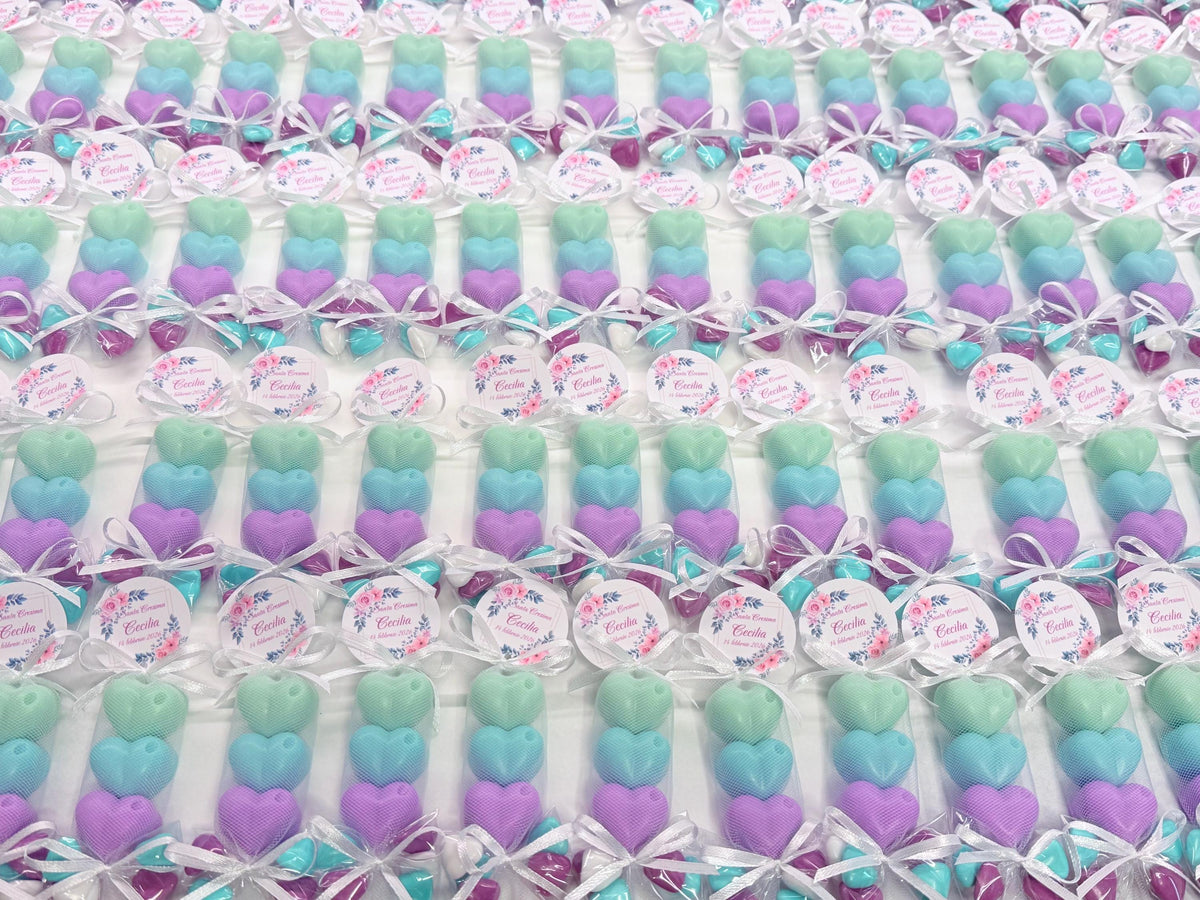 SAPONE "TRIS DI CUORICINI" con Tulle, 5 Confetti cuoricino e tag personalizzato