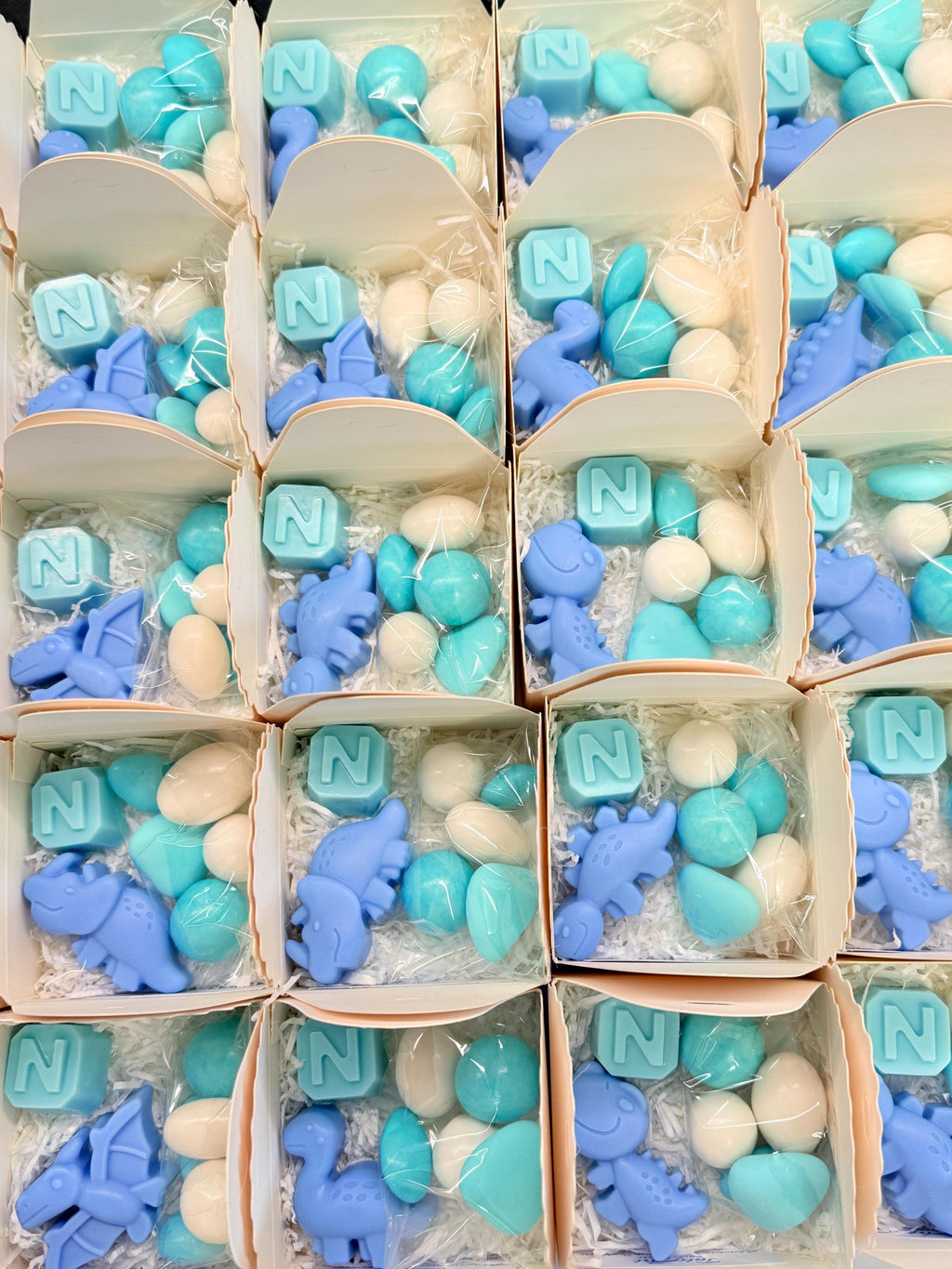 Mixed Dinosaur Soap + Letter" with box, sugared almonds, and personalized tag