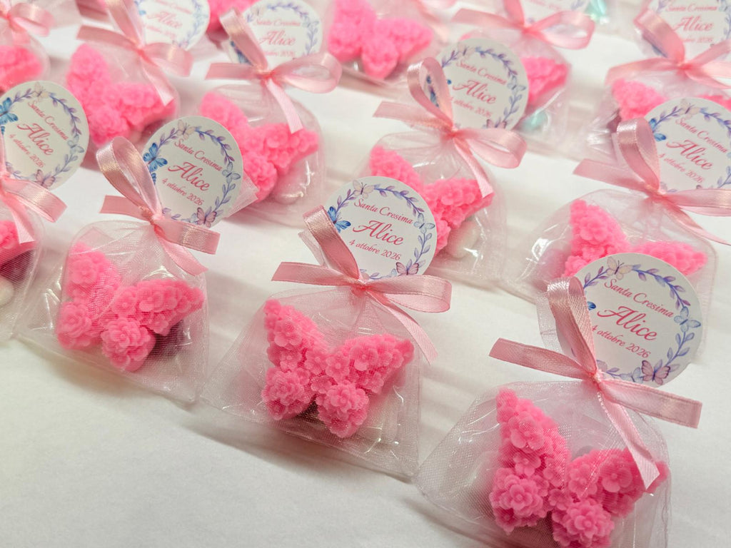 "FARFALLINA FLOREALE" PROFUMATA in CERA DI SOIA, con Sacchetto di Organza e 5 confetti cuoricino