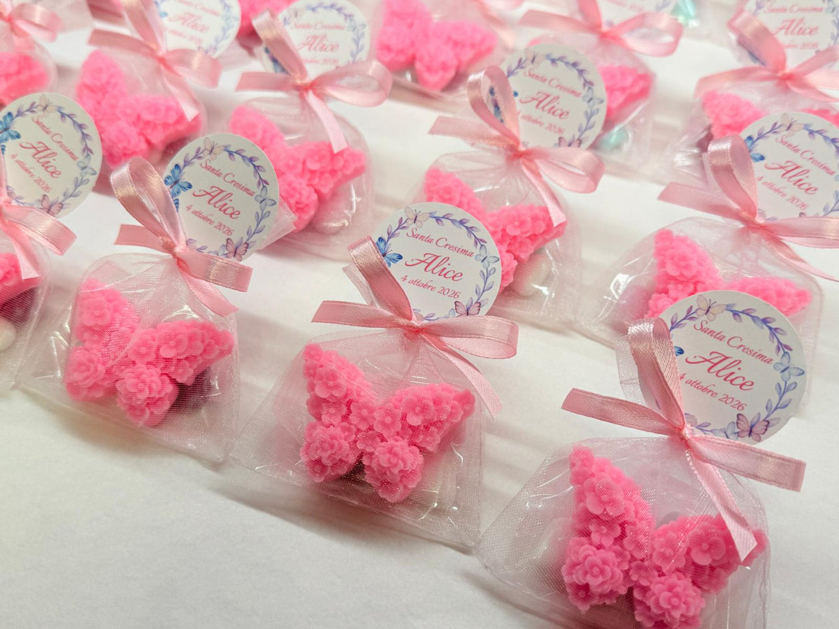 "FARFALLINA FLOREALE" PROFUMATA in CERA DI SOIA, con Sacchetto di Organza e 5 confetti cuoricino