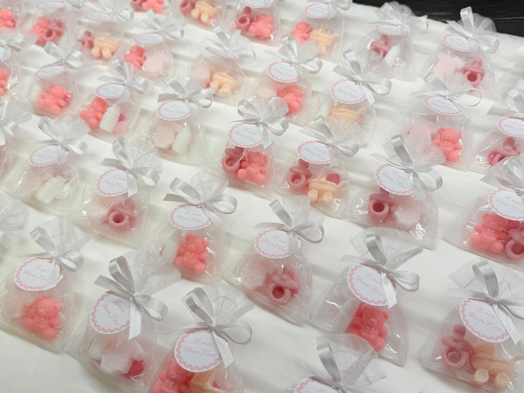 Mini Sapone NASCITA con sacchetto di organza, 3 confetti cuoricino e tag personalizzato/nascita/piedino/ciuccio/confetti