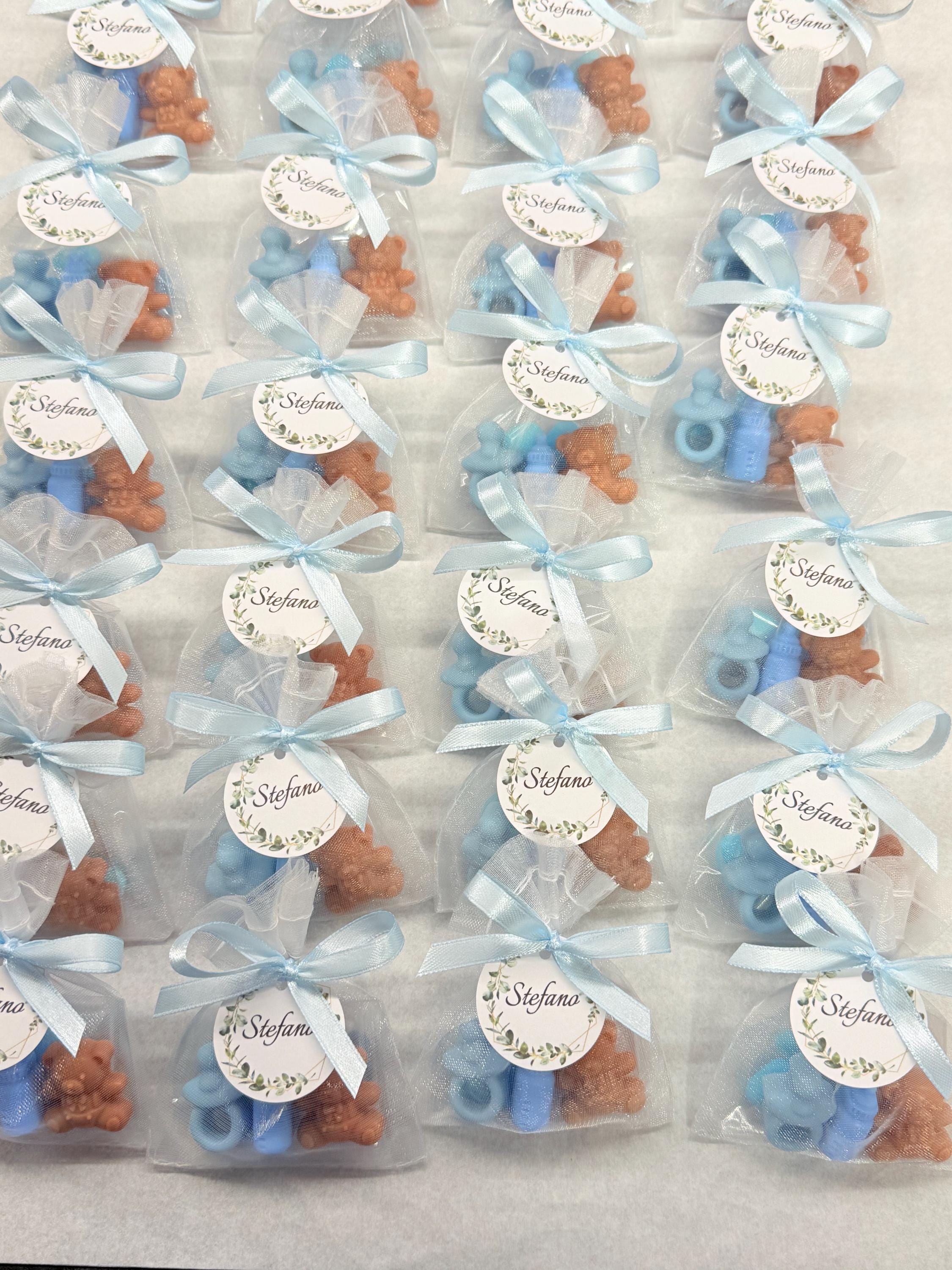 Mini Sapone "NASCITA" con sacchetto di organza,5 confetti cuoricino e tag personalizzato