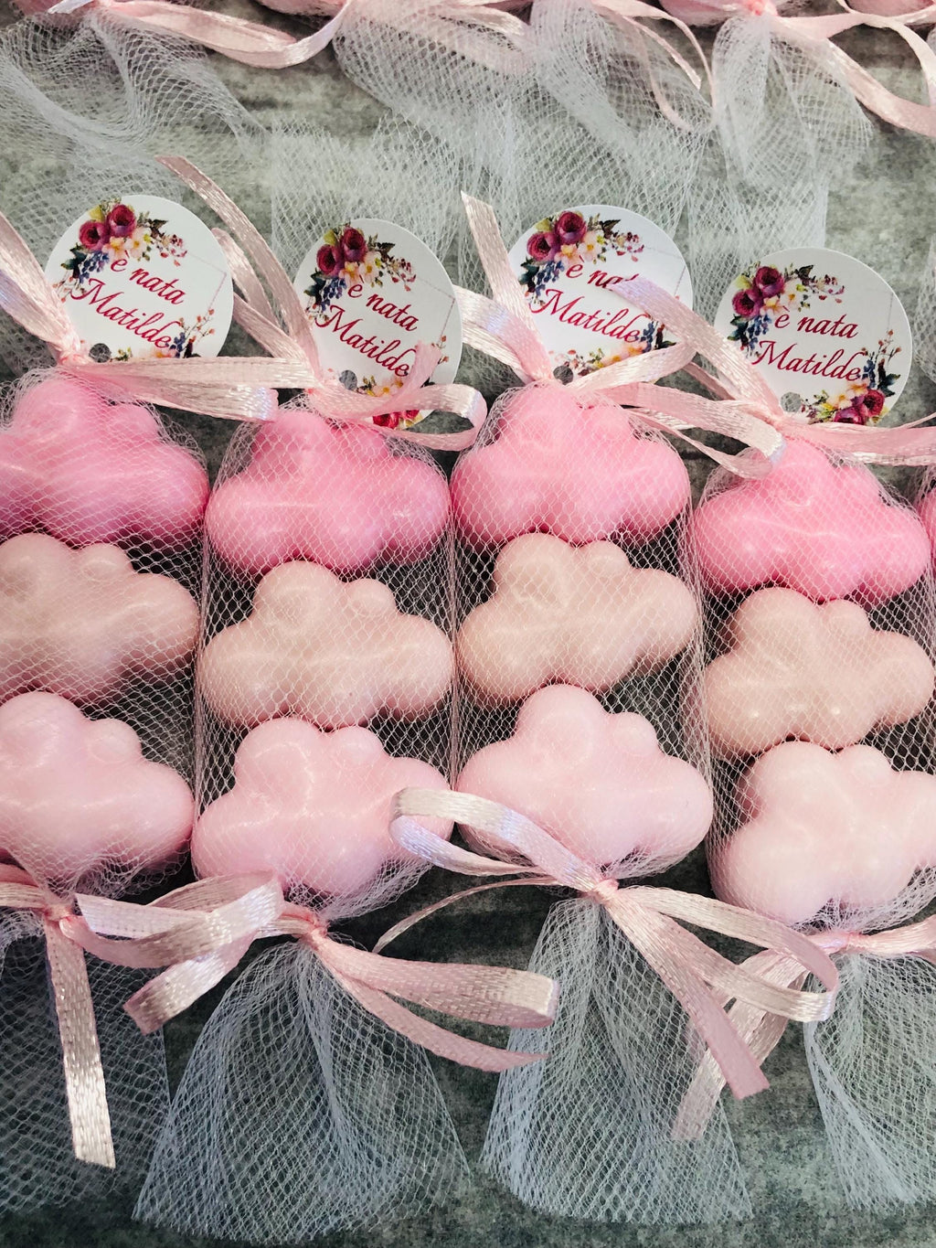 MINI SAPONE "3 NUVOLETTE" con tulle e tag personalizzato