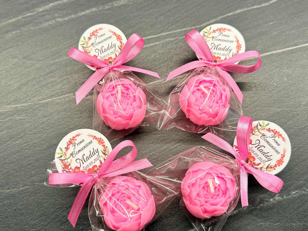 PEONY BUD CANDLE unscented with clear bag and custom tag/wedding/birthday/christening/birth/confirmation/graduation