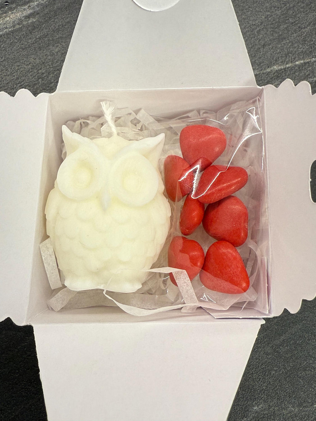 BOUGIE CHOUETTE INODORE avec boîte et dragées personnalisées/cadeaux de fin d'études/cadeau pour invités