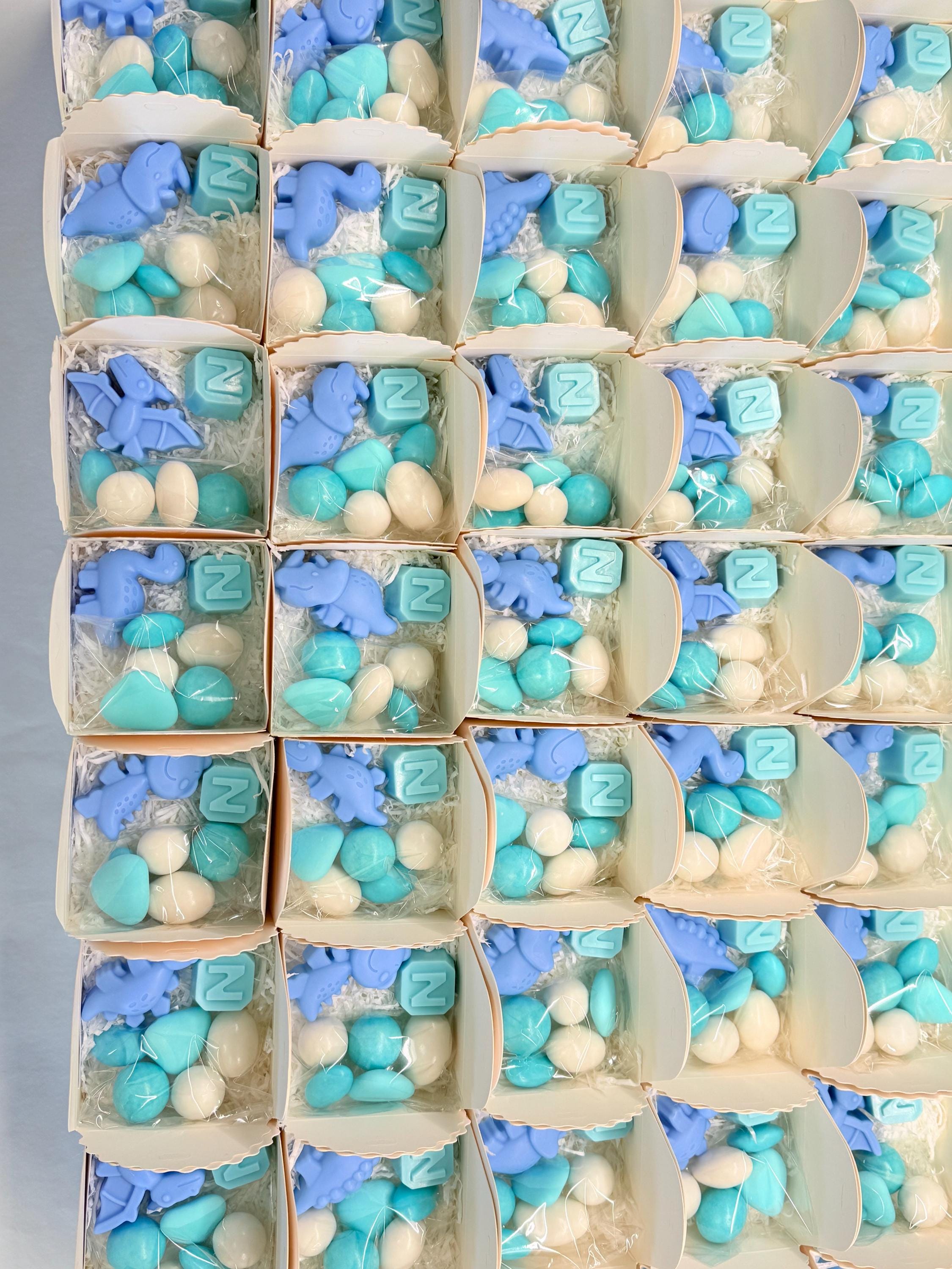 Mixed Dinosaur Soap + Letter" with box, sugared almonds, and personalized tag