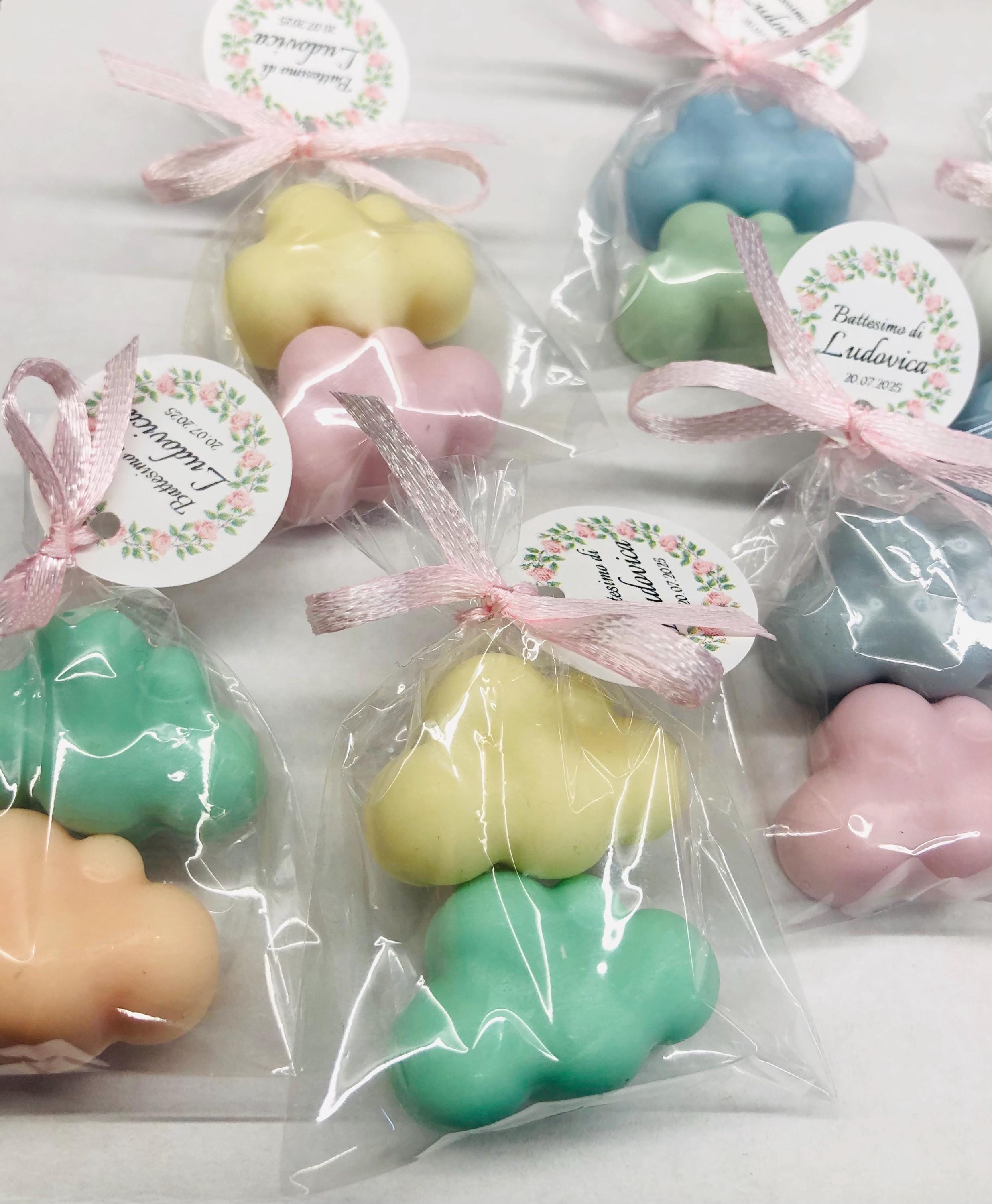 2 MINI SAVONNETTES "NUVOLA" avec sachet transparent et étiquette personnalisée