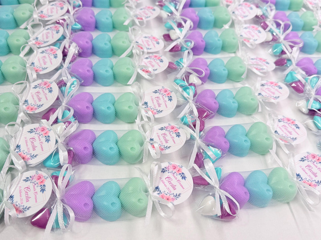 SAPONE "TRIS DI CUORICINI" con Tulle, 5 Confetti cuoricino e tag personalizzato