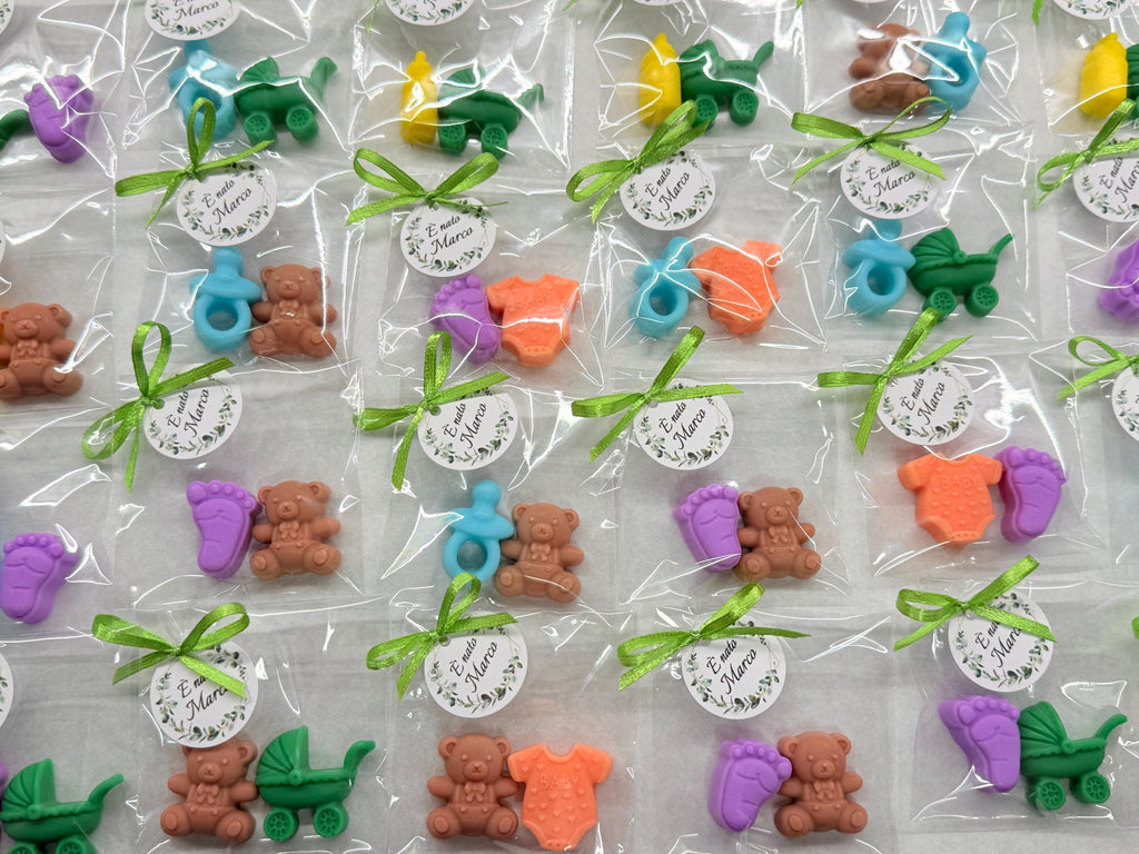 Lot de mini-savons "Naissance" avec sachet transparent et étiquette personnalisée