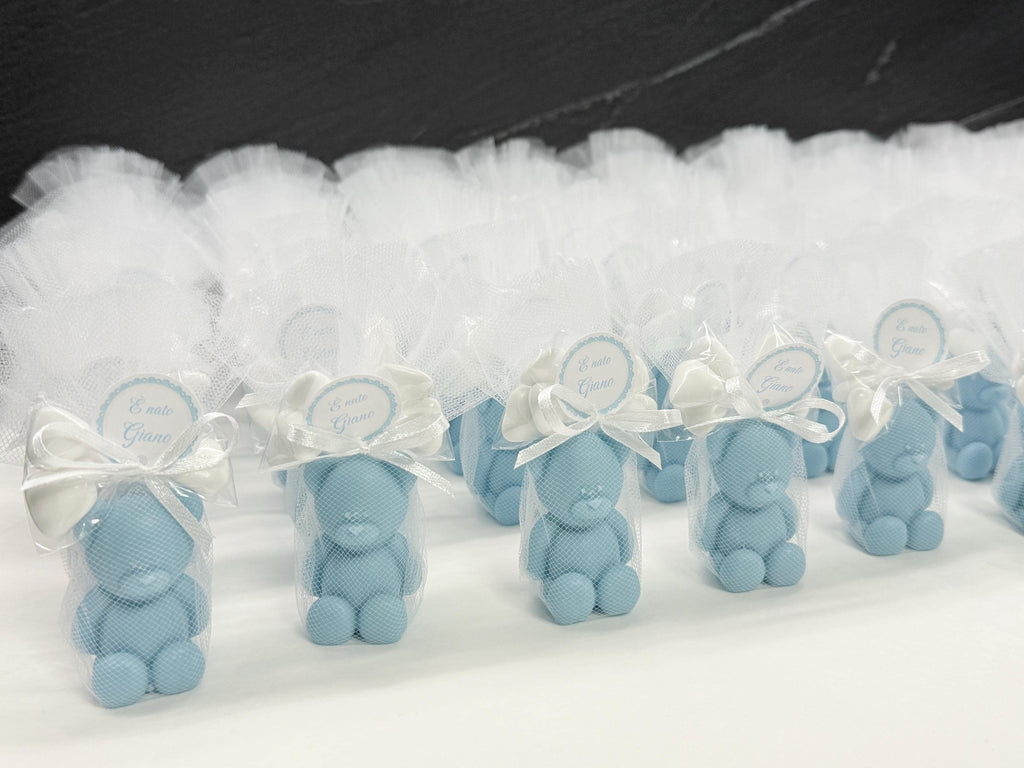 Sapone "ORSETTO" con tulle, 5 Confetti cuoricino e tag personalizzato