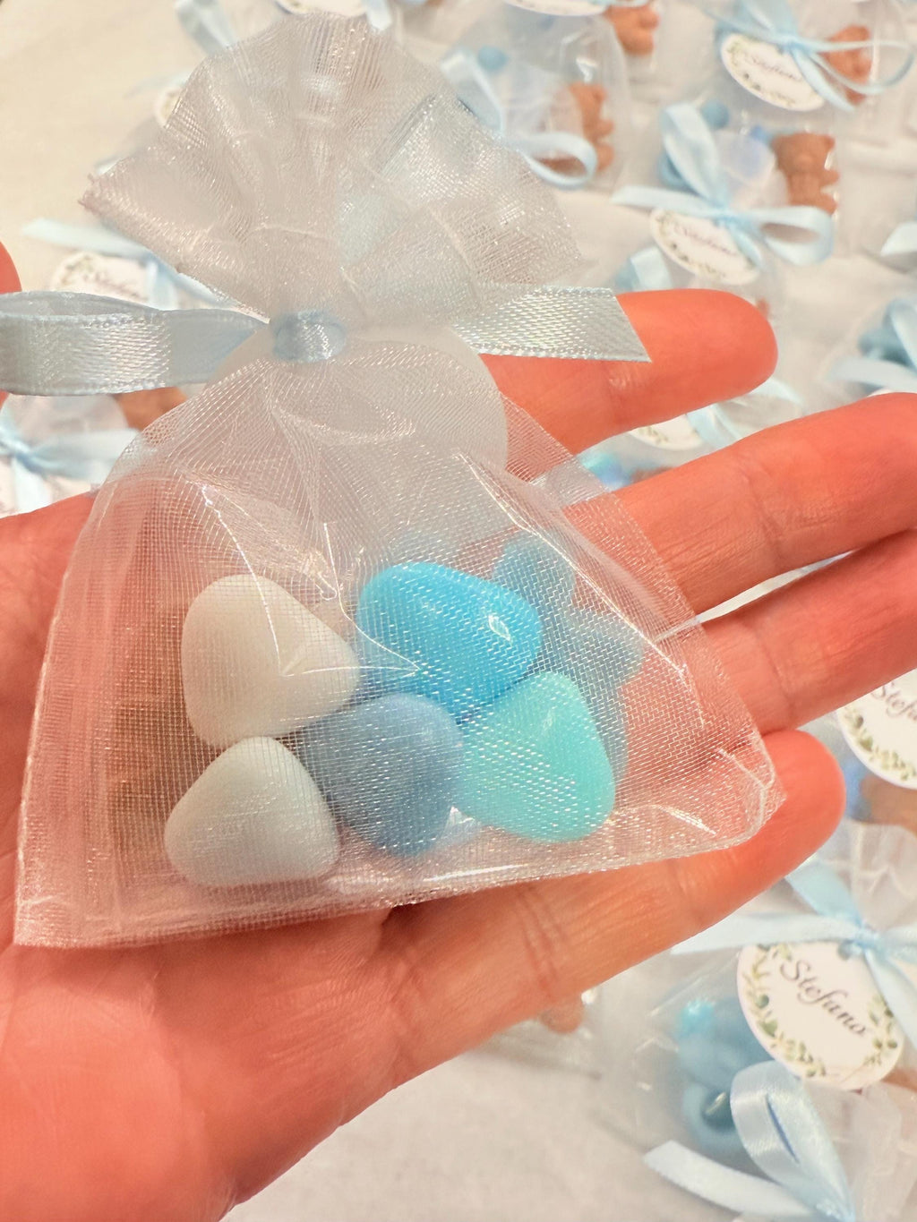 Mini Sapone "NASCITA" con sacchetto di organza,5 confetti cuoricino e tag personalizzato