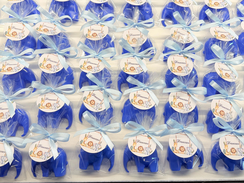 Bomboniera sapone elefantino con sacchetto trasparente e tag personalizzato battesimo nascita baby shower TatiArt