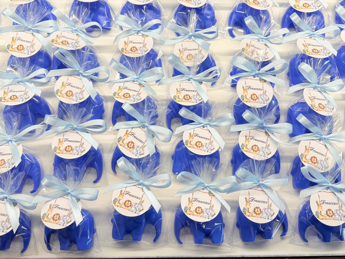 Bomboniera sapone elefantino con sacchetto trasparente e tag personalizzato battesimo nascita baby shower TatiArt