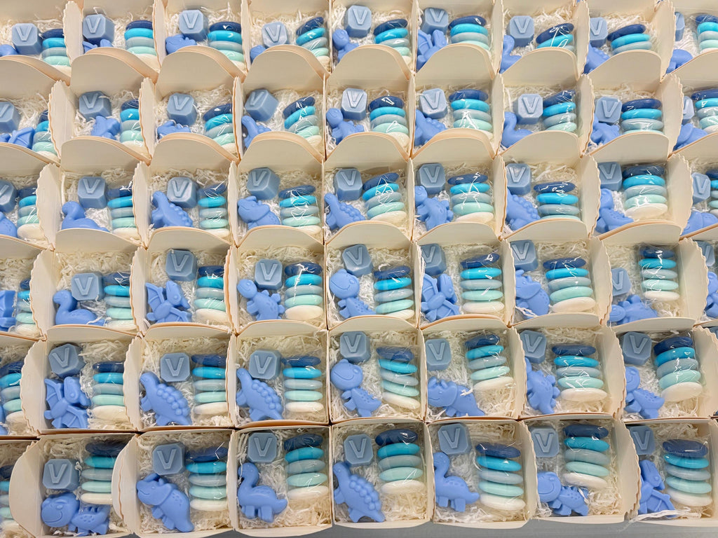 Mixed Dinosaur Soap + Letter" with box, sugared almonds, and personalized tag