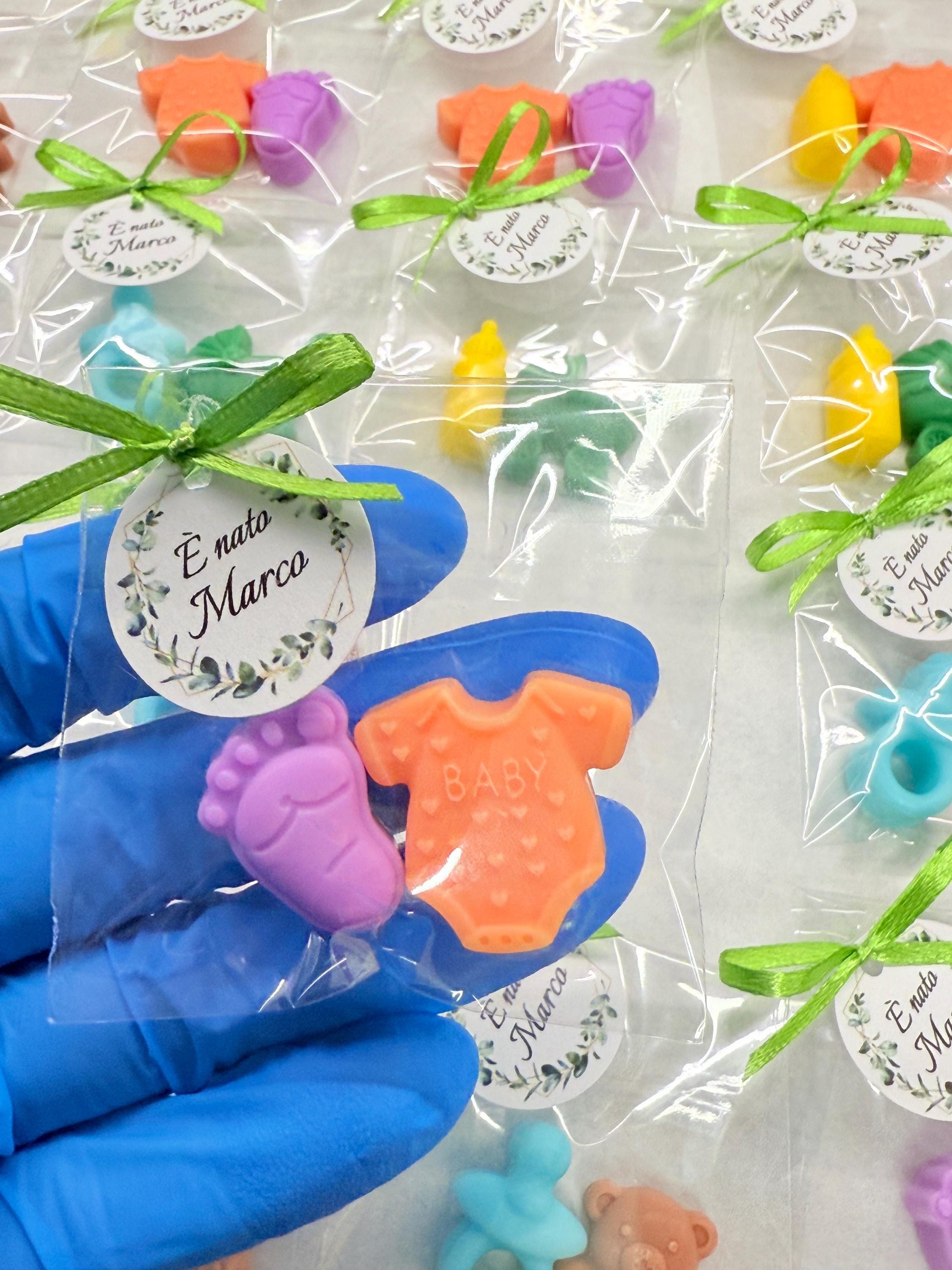 Lot de mini-savons "Naissance" avec sachet transparent et étiquette personnalisée