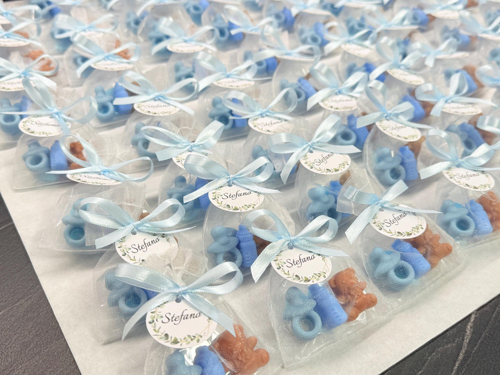 Mini Sapone "NASCITA" con sacchetto di organza,5 confetti cuoricino e tag personalizzato