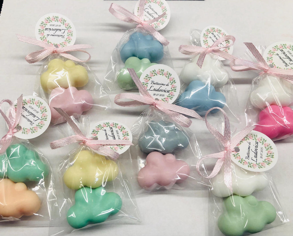 2 MINI SAVONNETTES "NUVOLA" avec sachet transparent et étiquette personnalisée