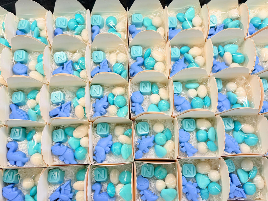 Mixed Dinosaur Soap + Letter" with box, sugared almonds, and personalized tag