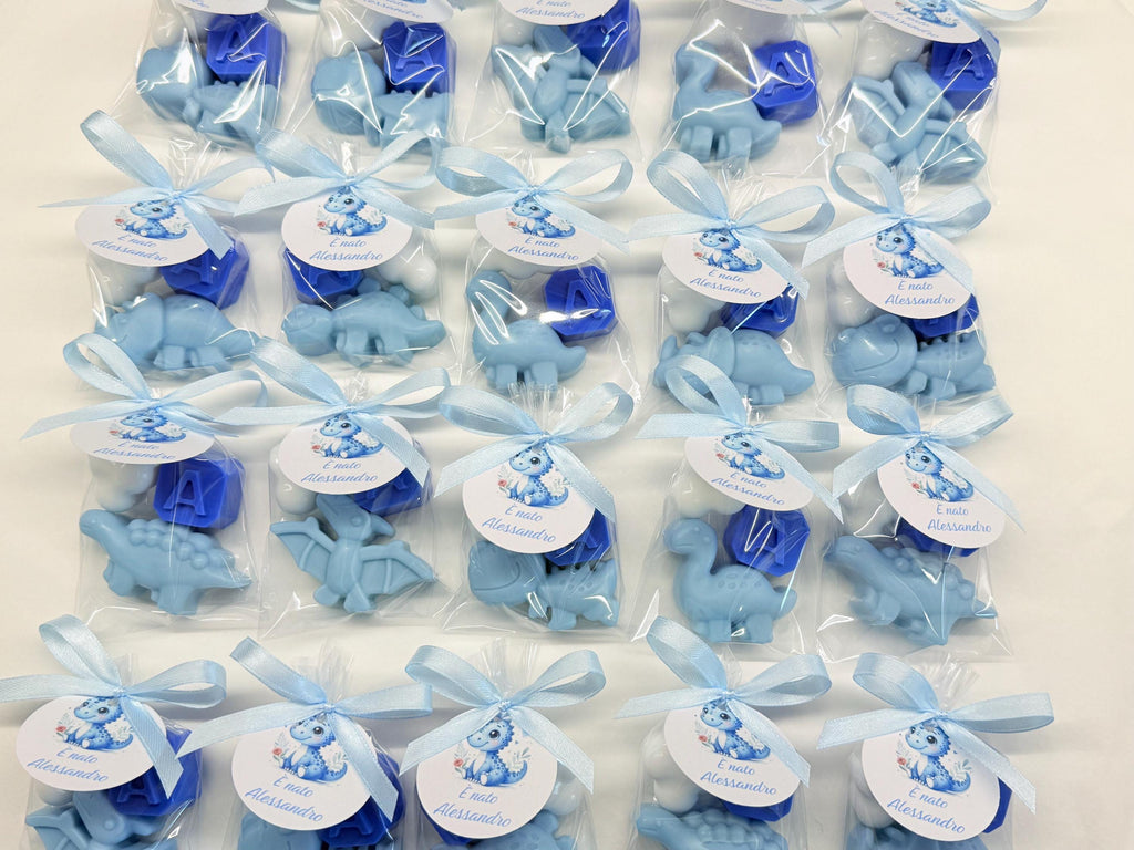 MÉLANGE de 3 SAVONNETTES avec sachet transparent/dragées baptême/naissance/baby shower/anniversaire enfants/dinosaure/nuage/lettre/