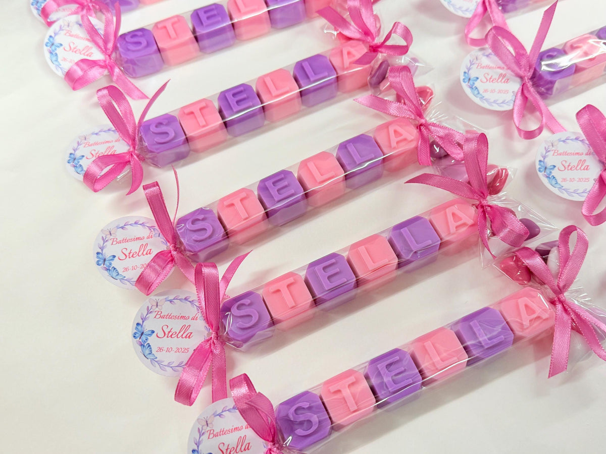 SAPONE-BOMBONIERA "NOME" PERSONALIZZABILE + CONFETTI