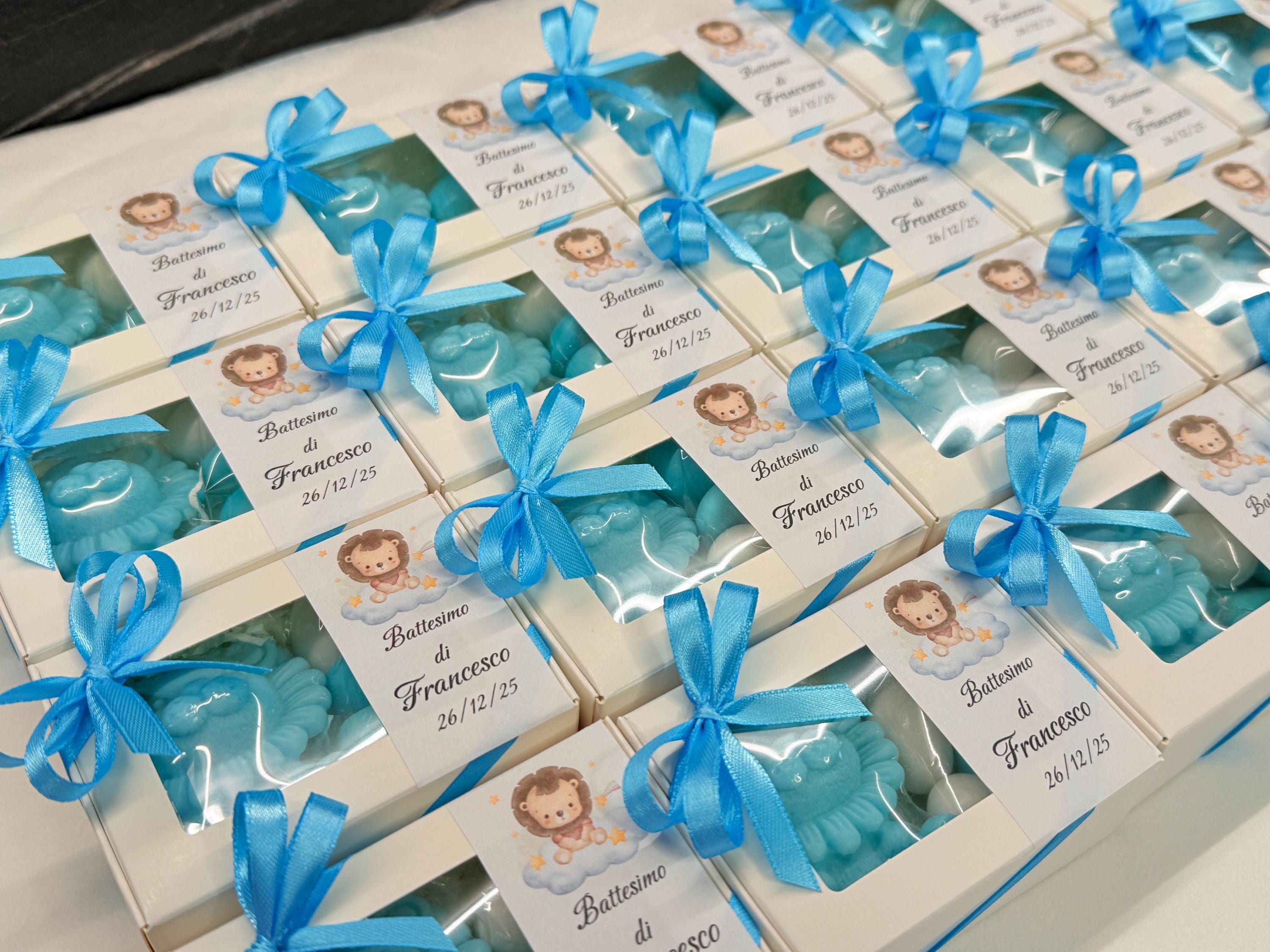 SAPONE "LEONCINO" PERSONALIZZATO con scatola, confetti e tag adesivo personalizzato